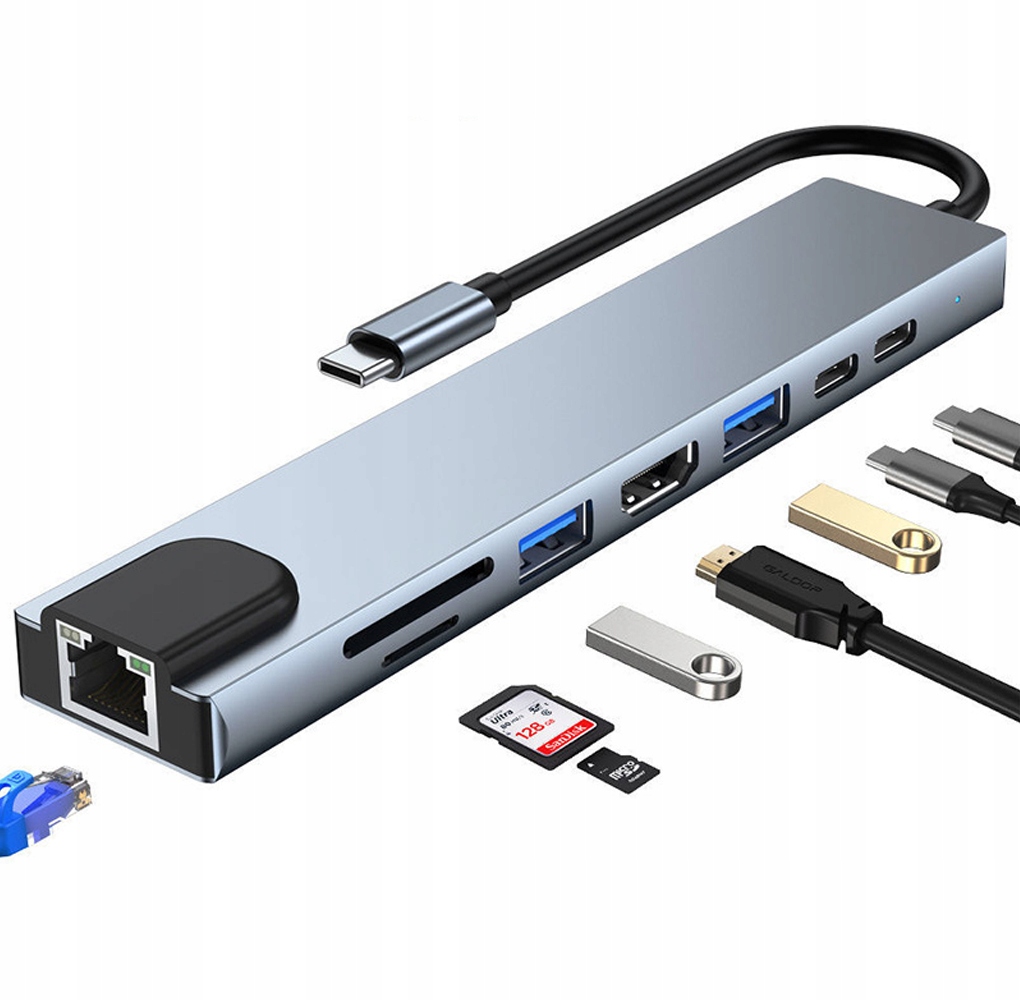 Hub adapter przejściówka rozdzielacz USB 3.0 HDMI RJ45 MacBook M1-M3 AirPro