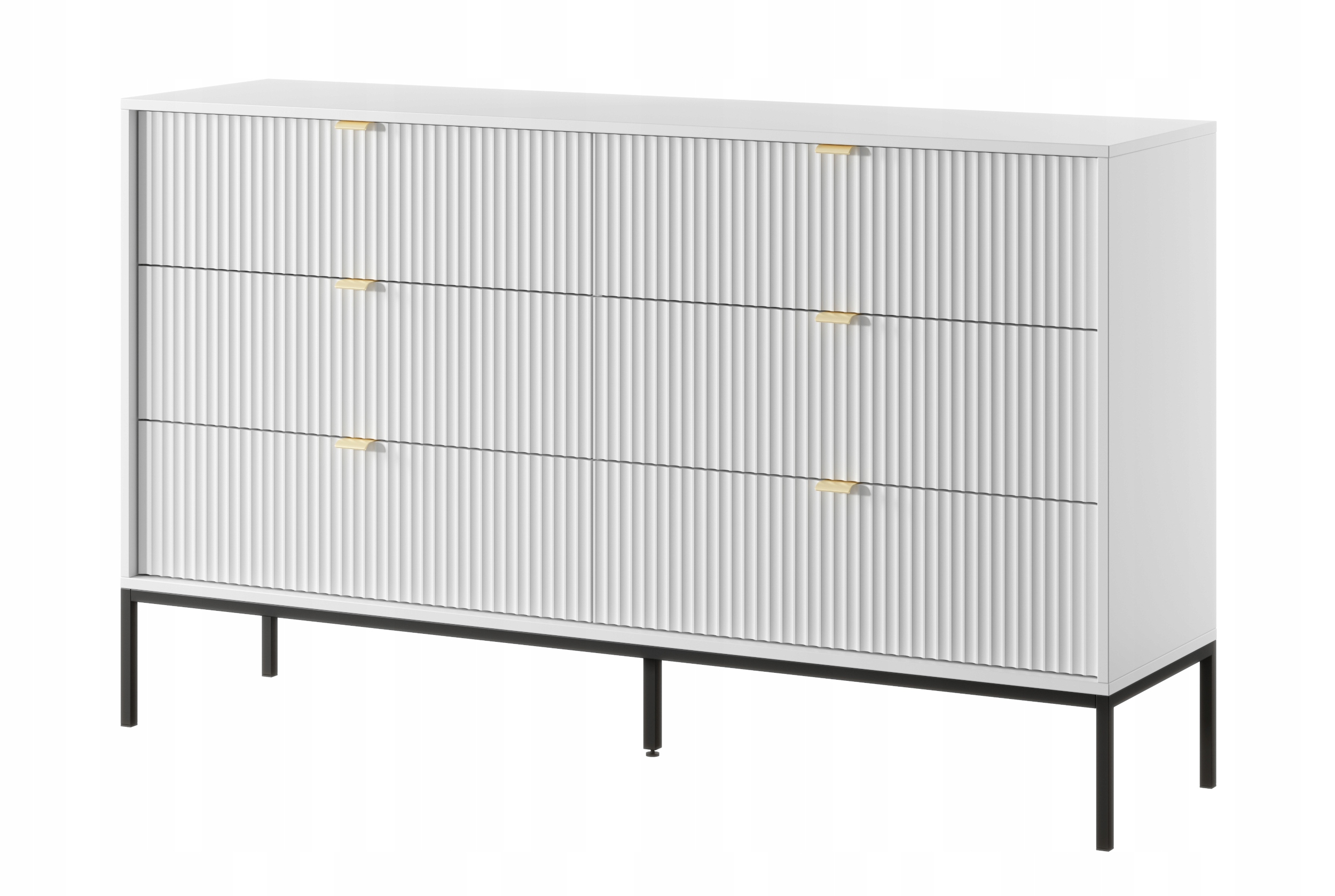 Šestizásuvková komoda Vellore 154 cm, bílá, rýhovaná přední část, černý rám