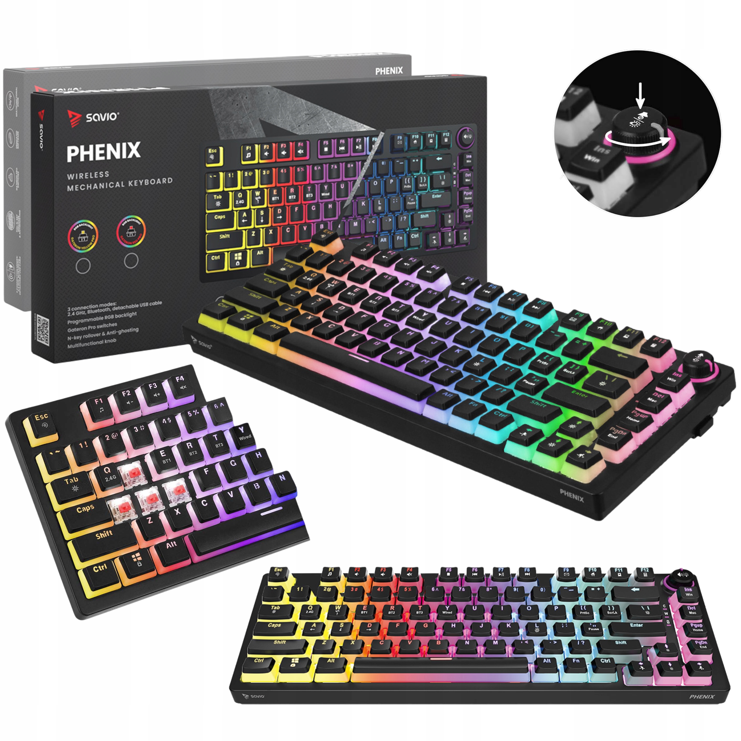 Bezdrátová herní klávesnice Savio Phenix Gateron Red Pro Pudding Rgb