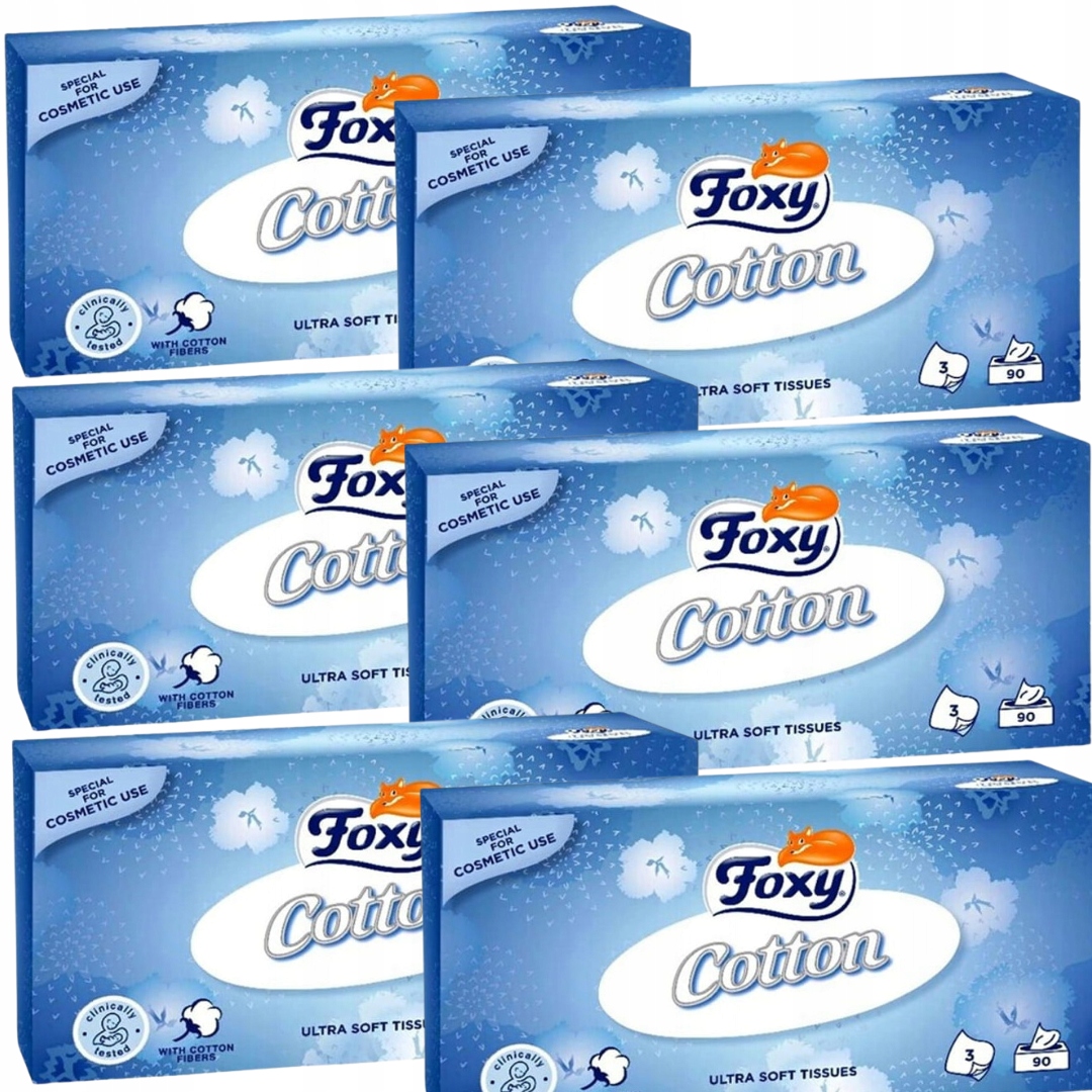 Zestaw x6 Foxy Cotton Chusteczki 3-Warstwowe 90 Szt Ultra Miękkie Delikatne