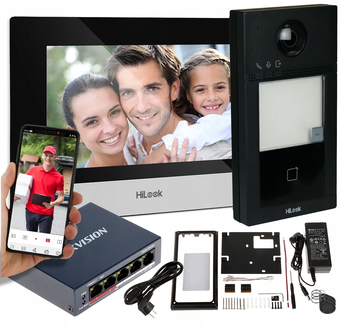 Zestaw Wideodomofon HiLook Ip-vis-pro WiFi Switch Poe Podczerwień Mifare