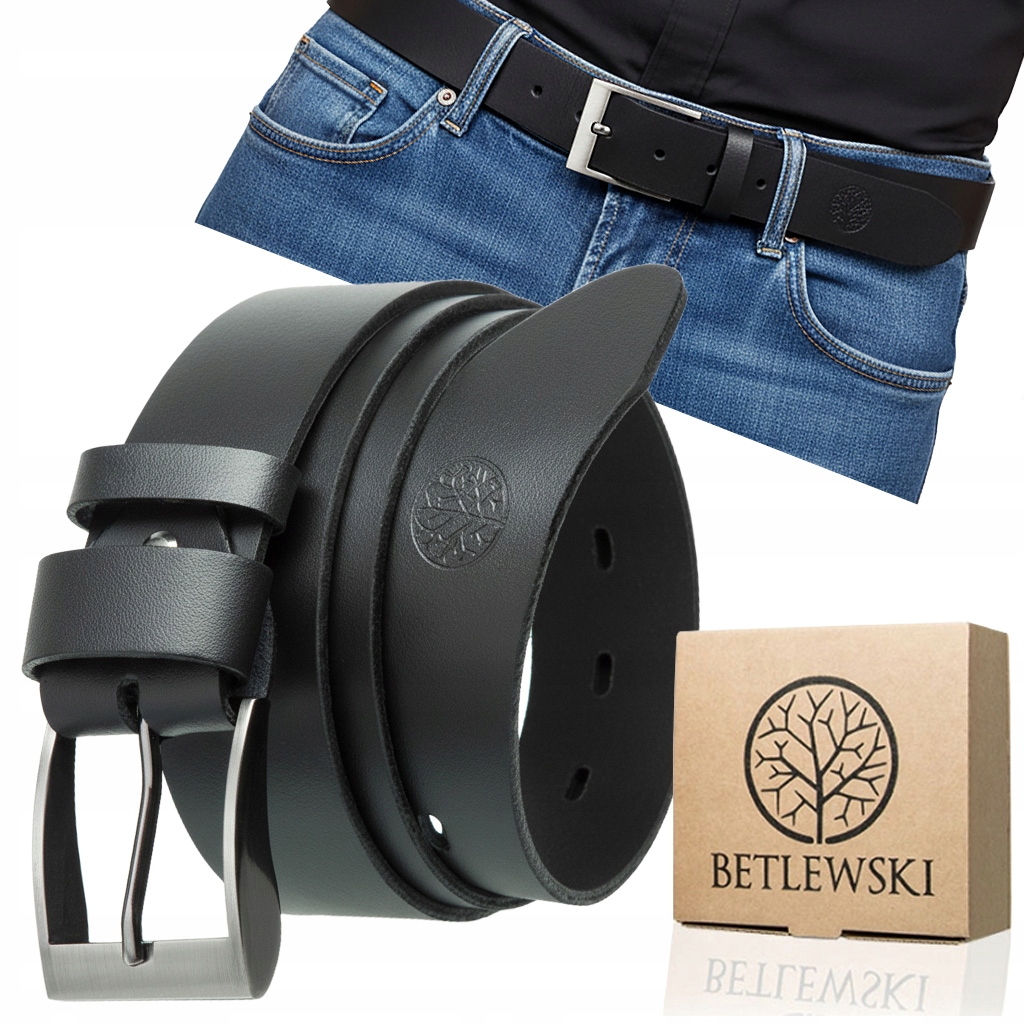 Pasek skórzany męski Betlewski spodni szeroki czarny długość 145 cm