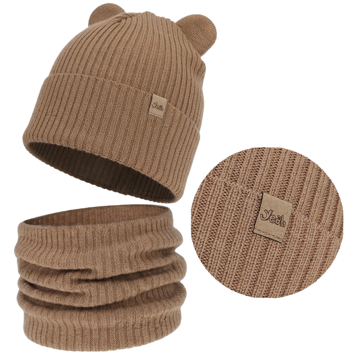 Camelowy Komplet Wełna Merino D03 Czapka Komin jesień wiosna Prążek r 50-52