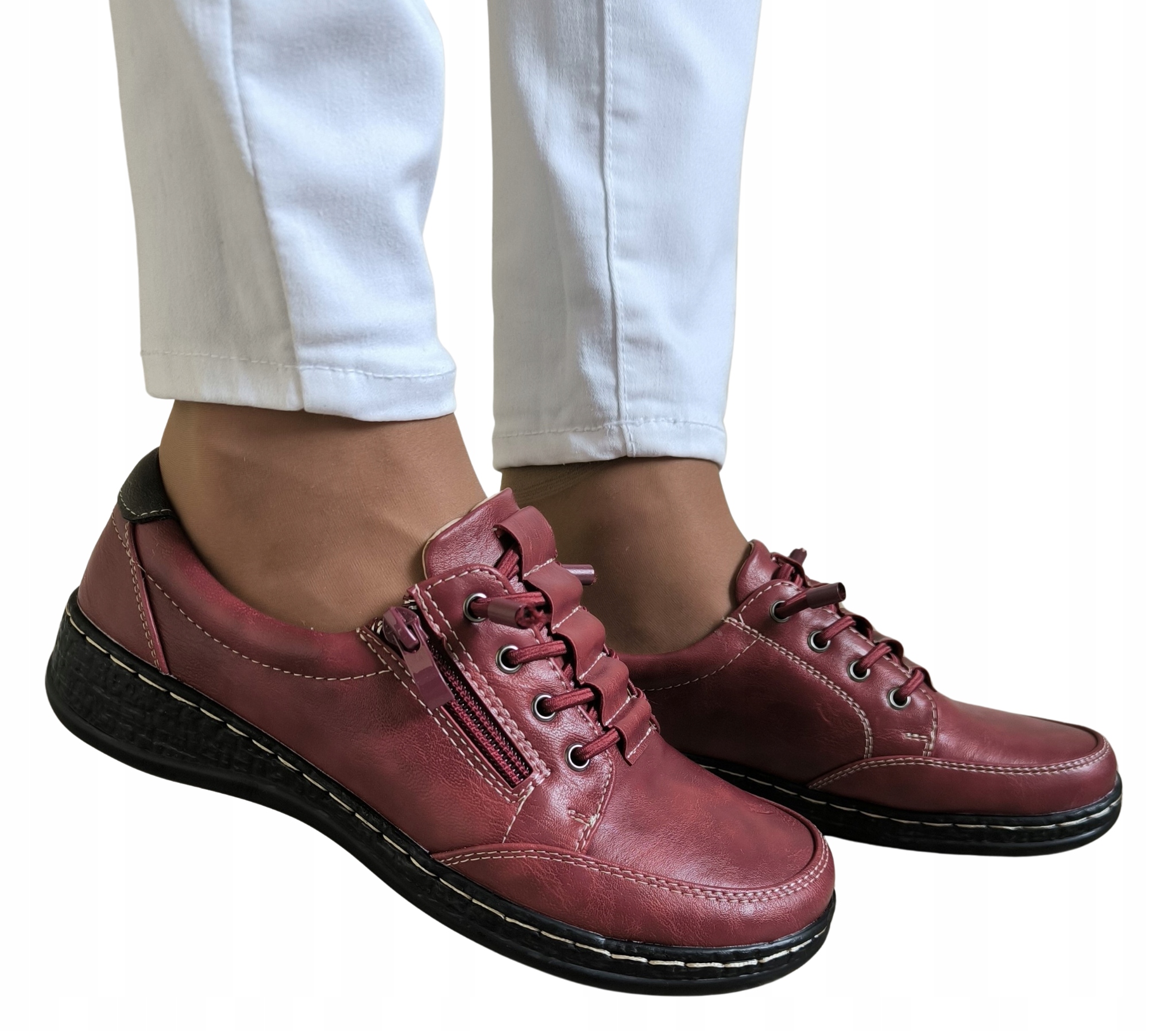 Bordowe Półbuty Na Szeroką Stopę Wkładka Skóra Naturalna