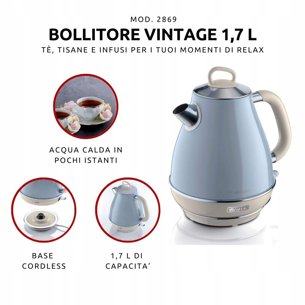 ARIETE Vintage Retro Czajnik Elektryczny 1,7L 2000W Niebieski — miniatura 2