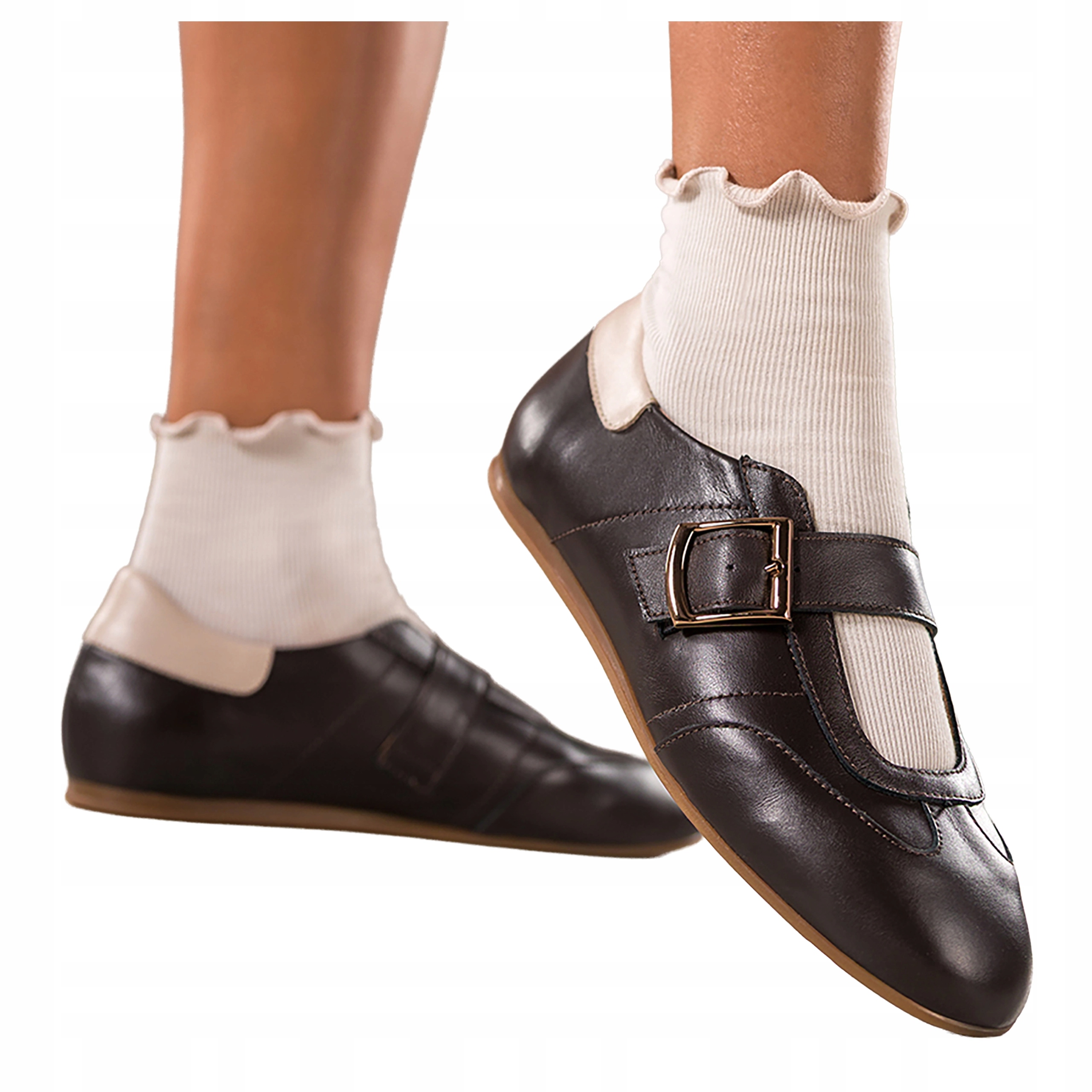 Dámské čokoládové Polobotky s balerínovým páskem, zlatá kožená spona, velikost 40