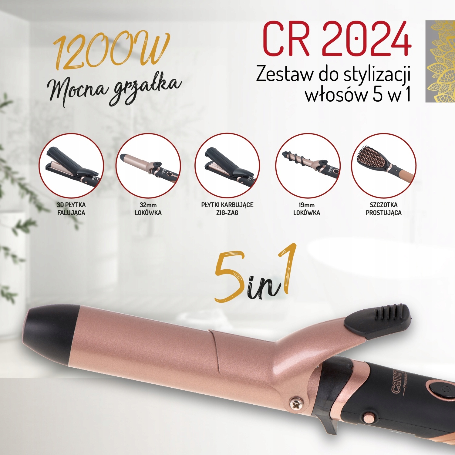 Zestaw do stylizacji włosów 5-w-1 CR 2024 - 1200W, 6 nasadek