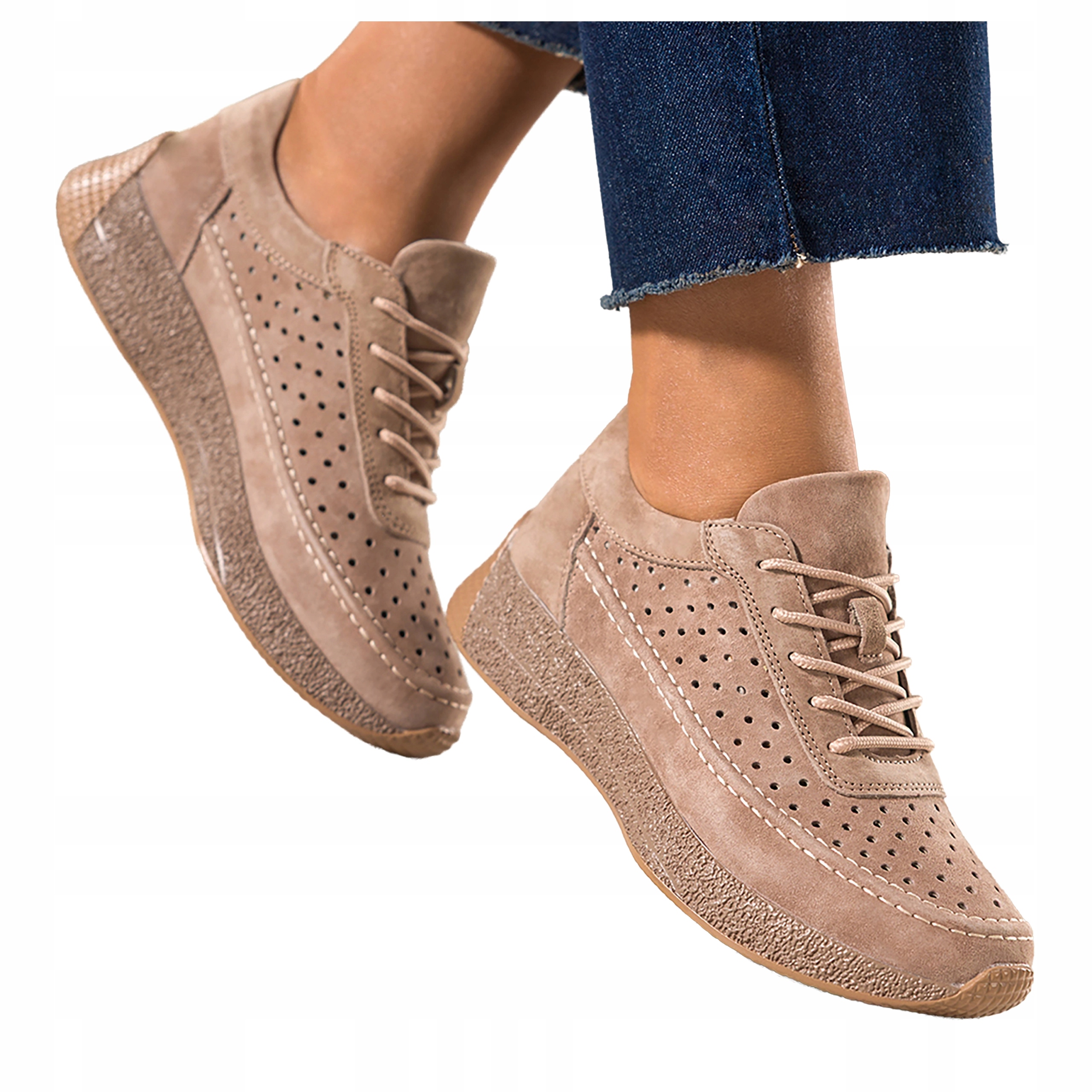 Beżowe Sneakersy Damskie Ażurowe Na Platformie Sznurowane Skórzane r 37