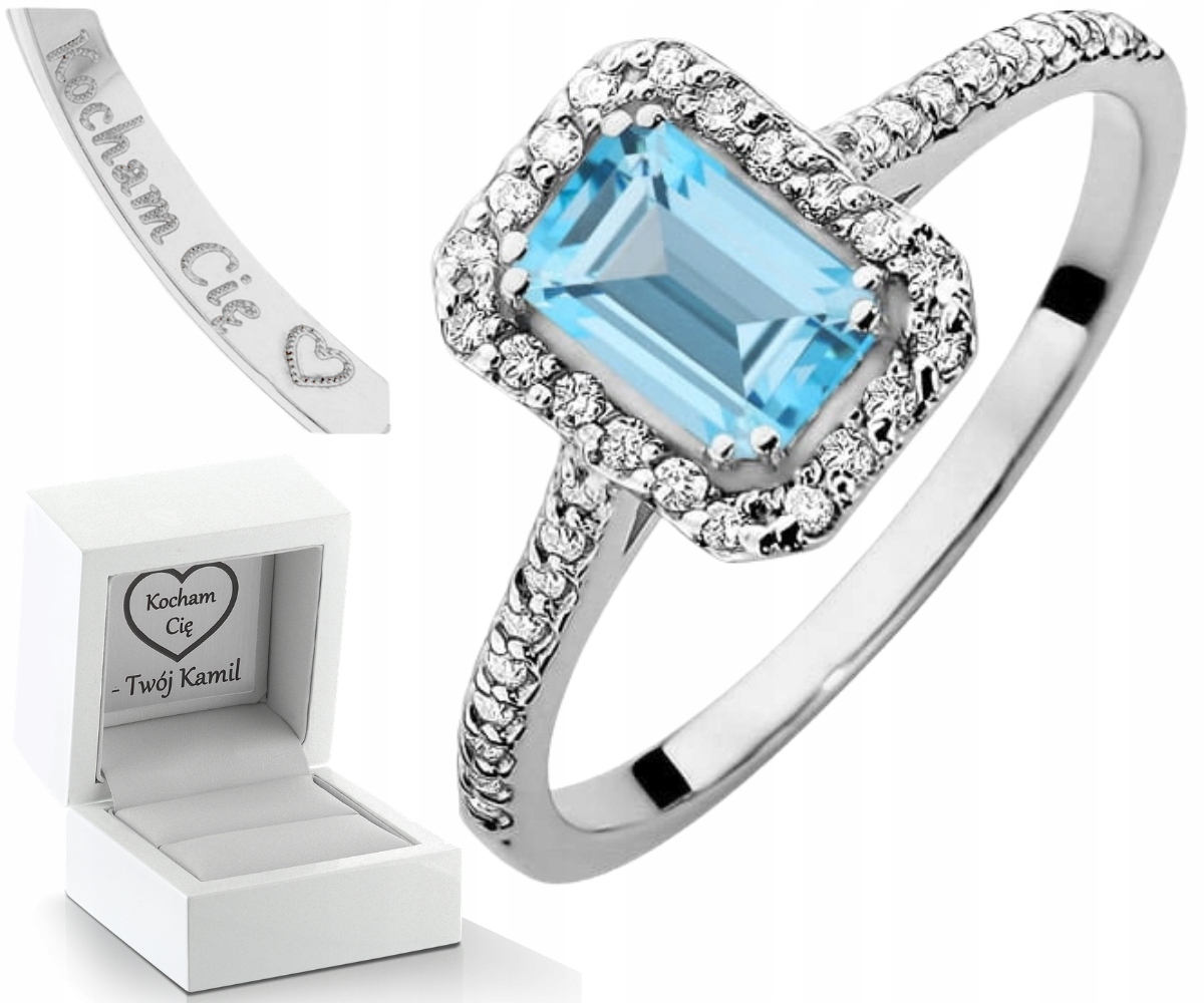 Bílý Zlatý Prstýnek Přírodní Kámen Modrý Topaz Brilianty Diamanty