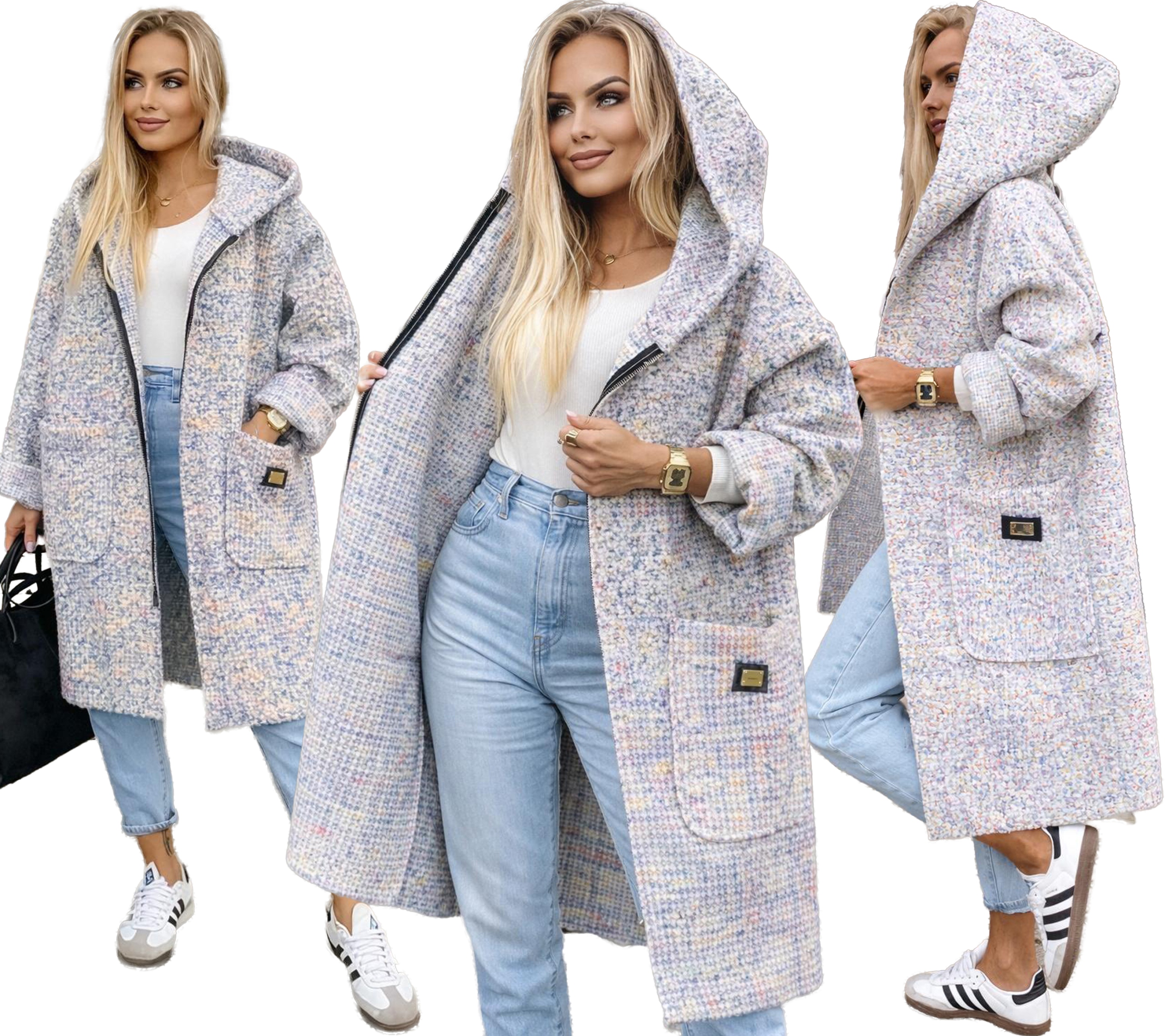 Dlouhý měkoučký Dámský Kabát na zip s kapucí boucle Gerda