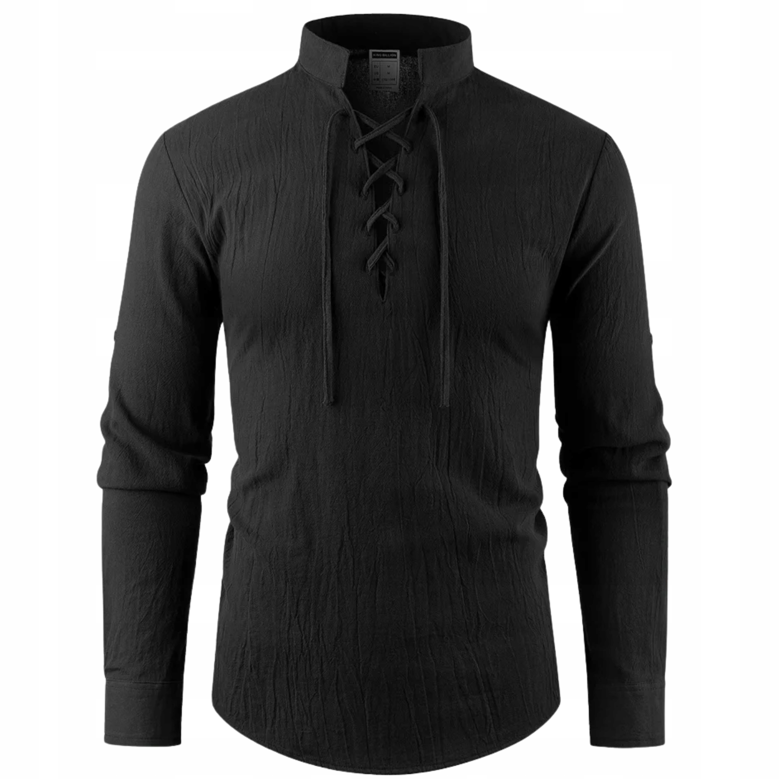 Lniana męska koszula z wiązaniem casual stójka lekka przewiewna na lato