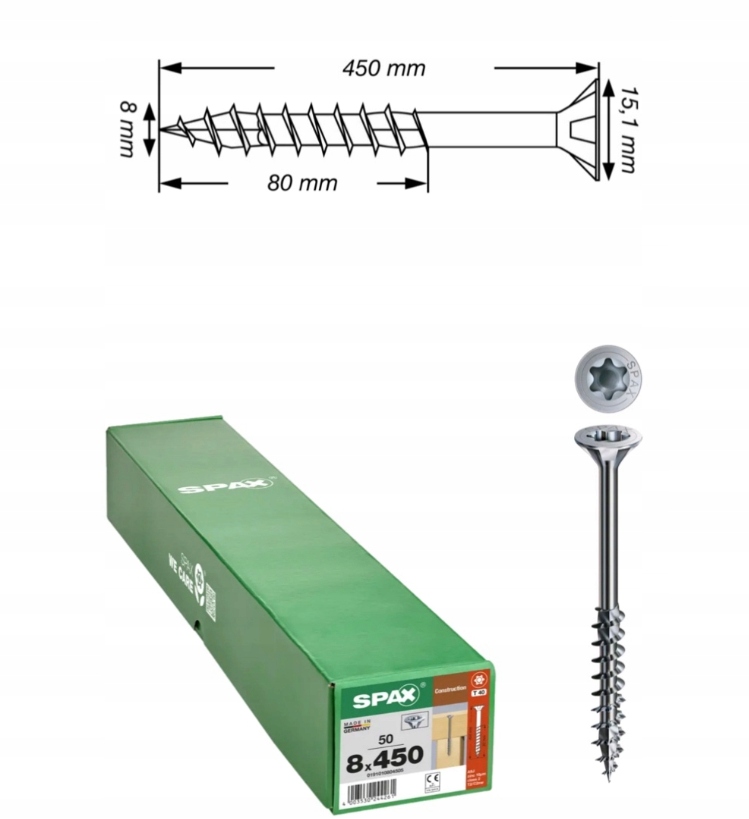 Univerzálne skrutky Wirox pre konštrukciu dreva Spax 8 x 450 mm 50 ks