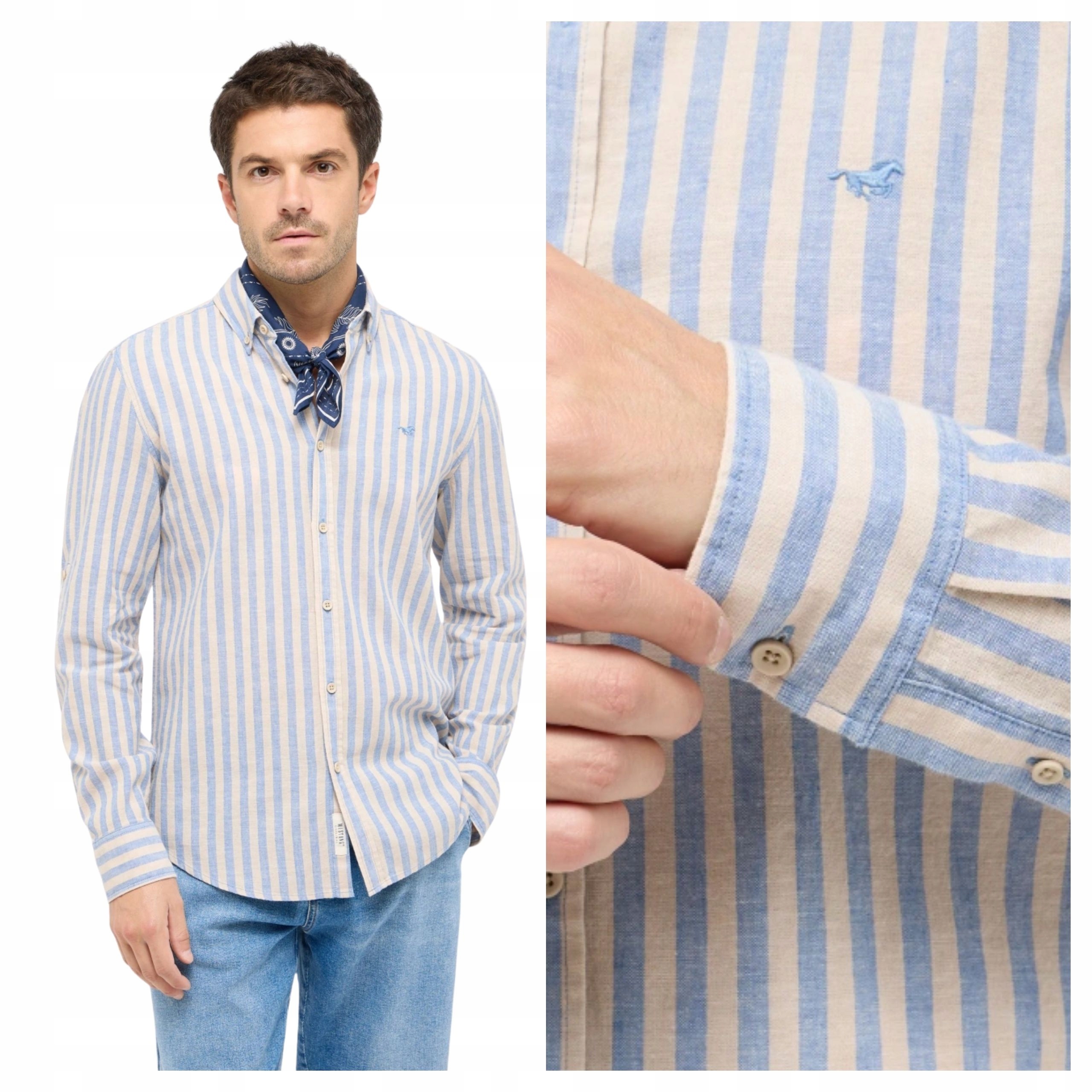 Pánská košile Mustang Rawlins Modrá Lněná s proužky Regular Fit M