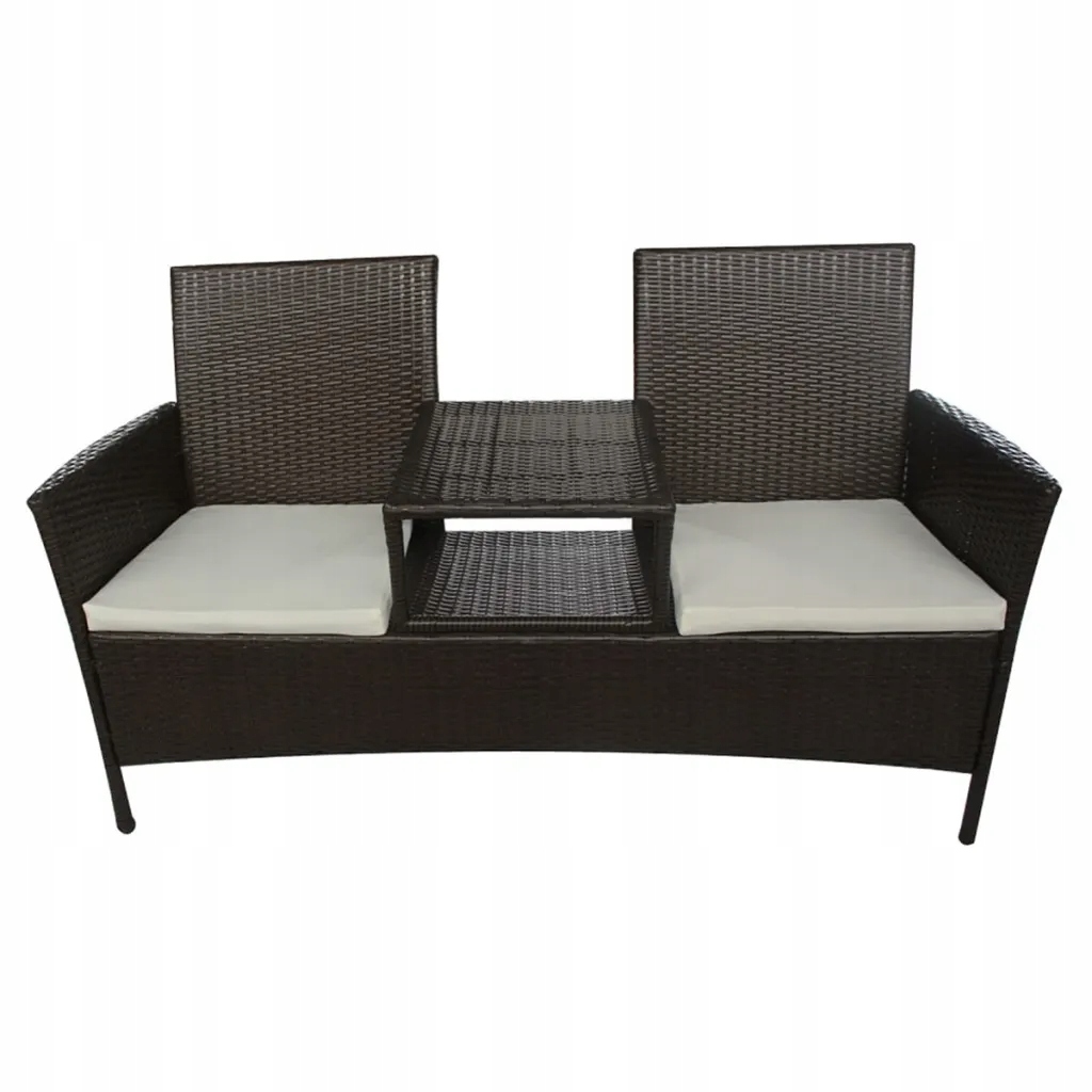 2-místná ratanová lavička s polštáři a stolkem, 152 x 62 x 85 cm