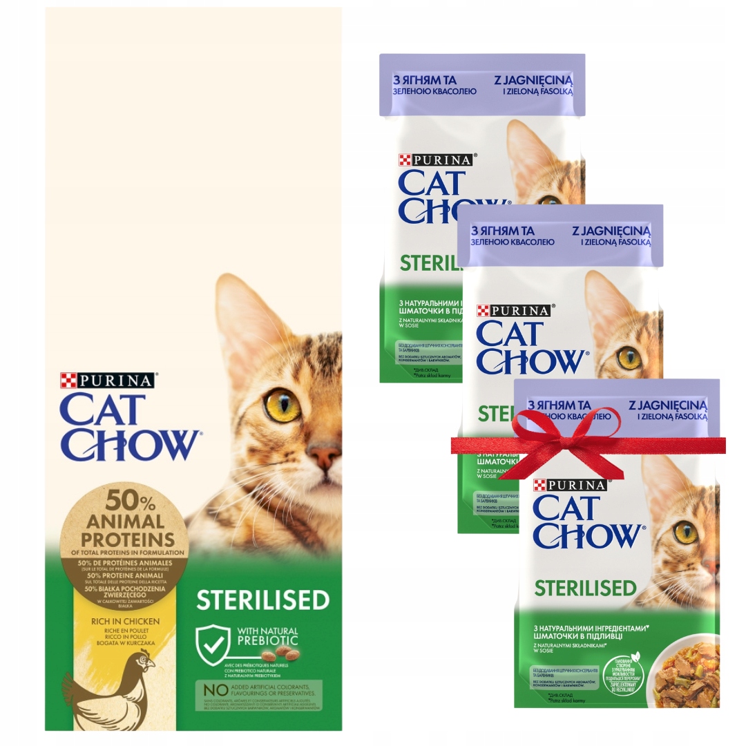 Karma kot Purina Cat Chow Sterilised kurczak 15kg 3x karma mokra dla kota
