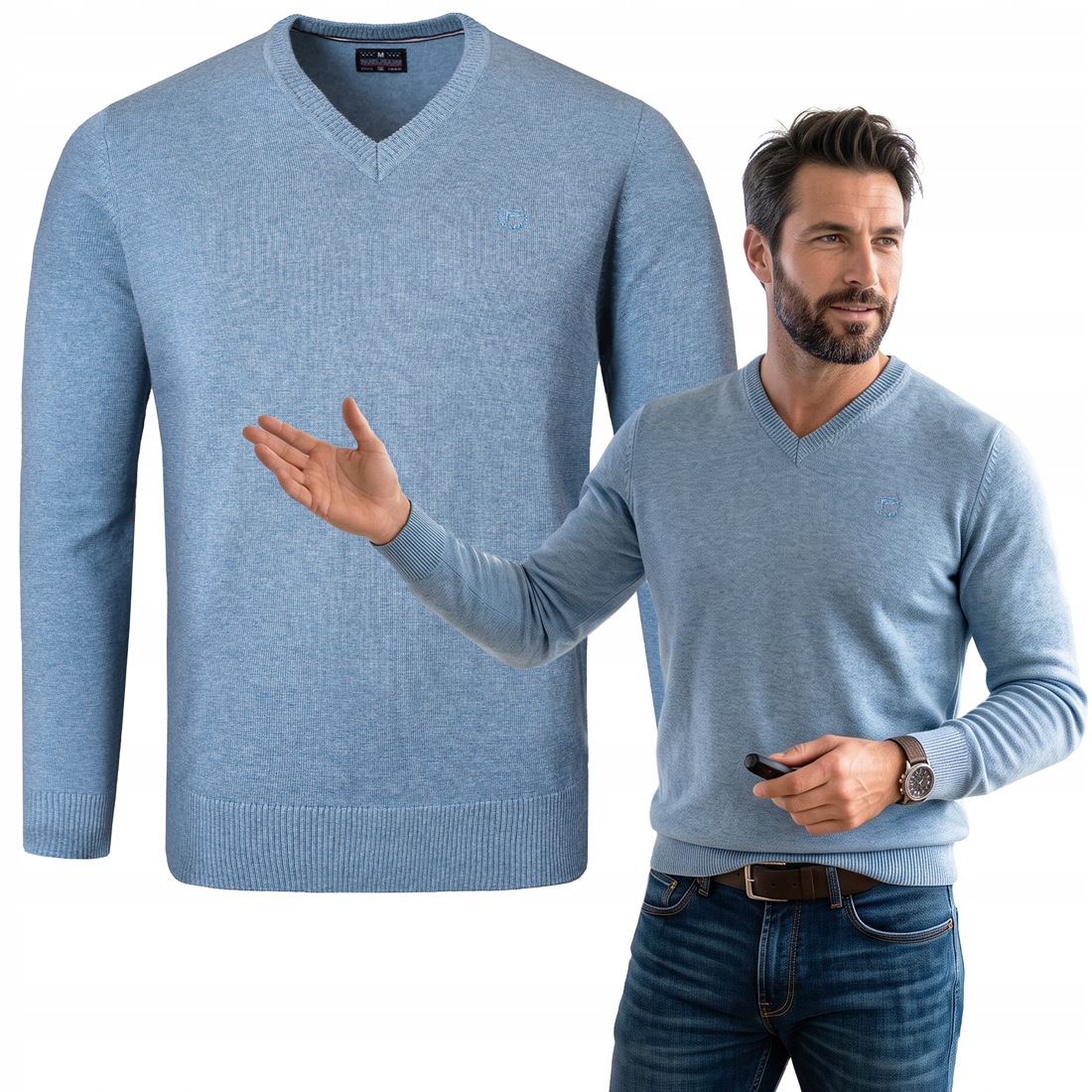 Elegantní pánský svetr s bavlněným sýrem Basic Jeansový 3XL Pako Jeans