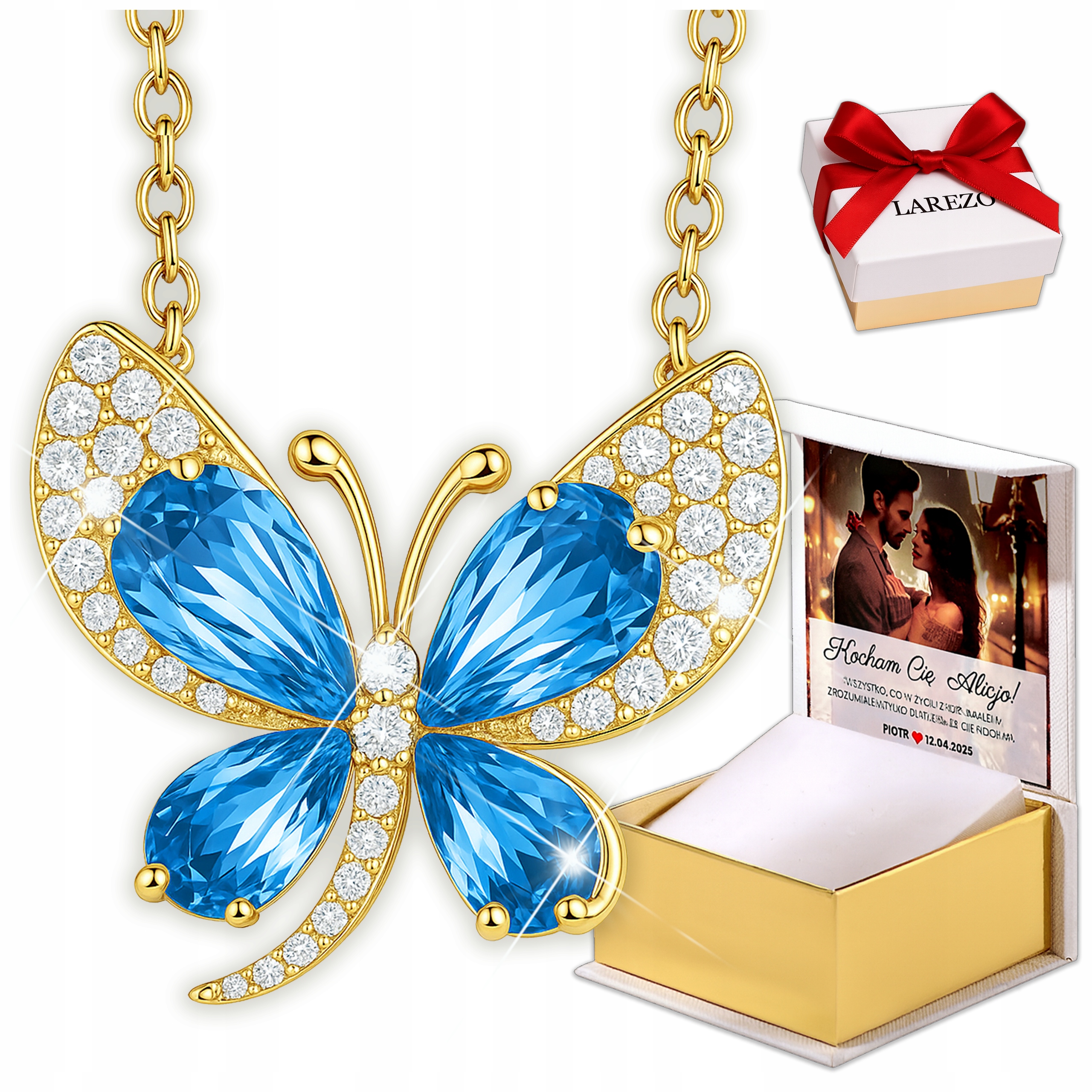 Zlatý náhrdelník 925 Modrý motýl s zirkony Motýlek Zirkony Potisk