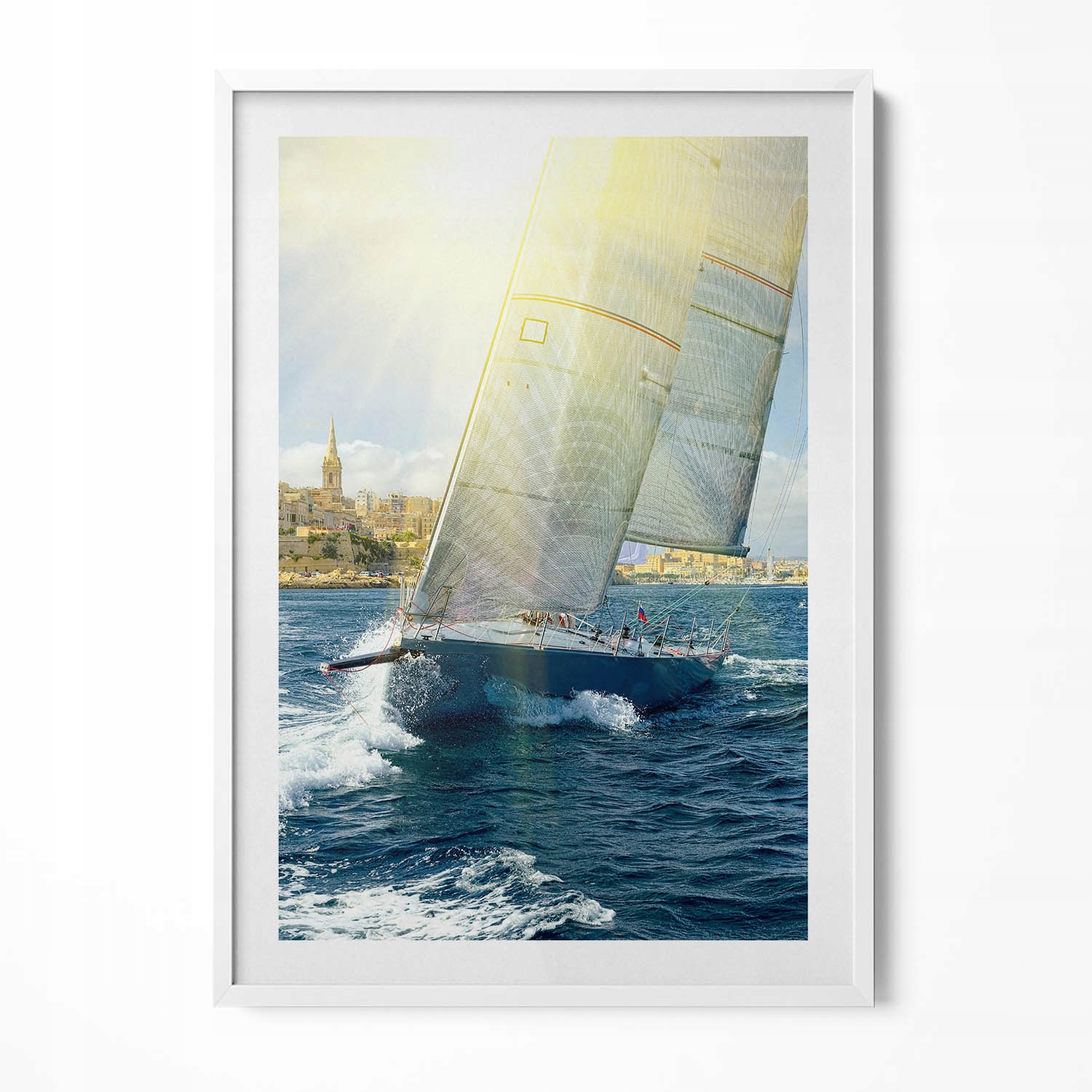 Dekorativní nástěnný obraz s grafikou v bílém rámu Plovoucí jachty 70 x 100 cm