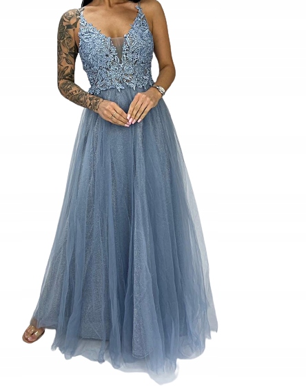 MD dlouhá modrá večerní šaty s krajkou na svatební hostina maxi S