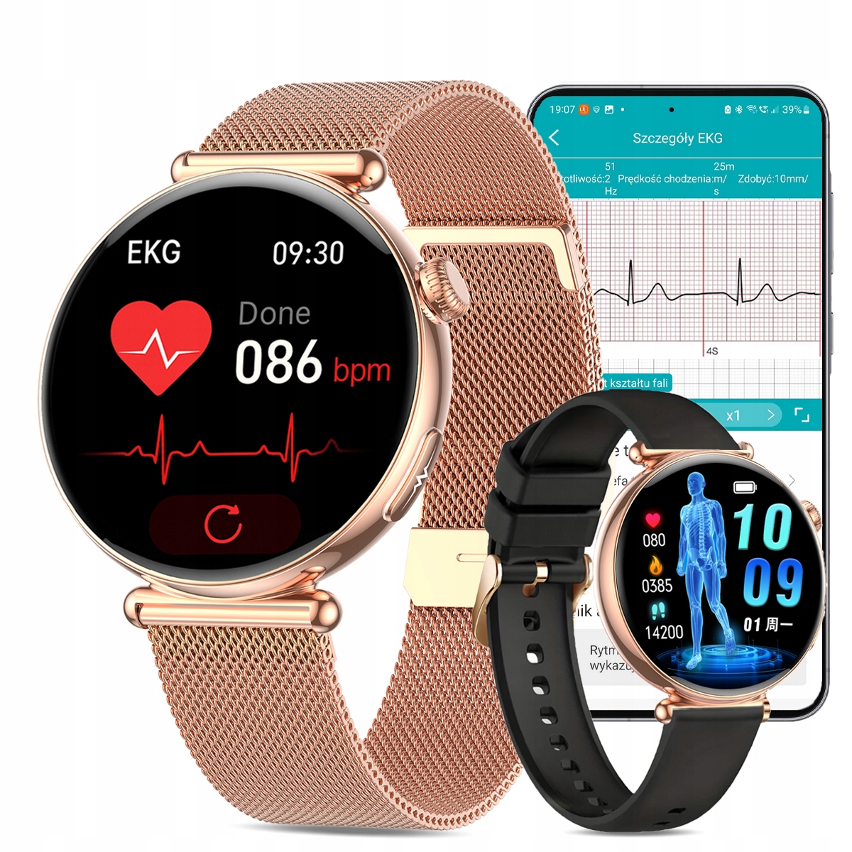 Smartwatch Ekg dla Seniora, Zegarek damski SpO2 Blood Glucose Sms Hrv Pl Menu