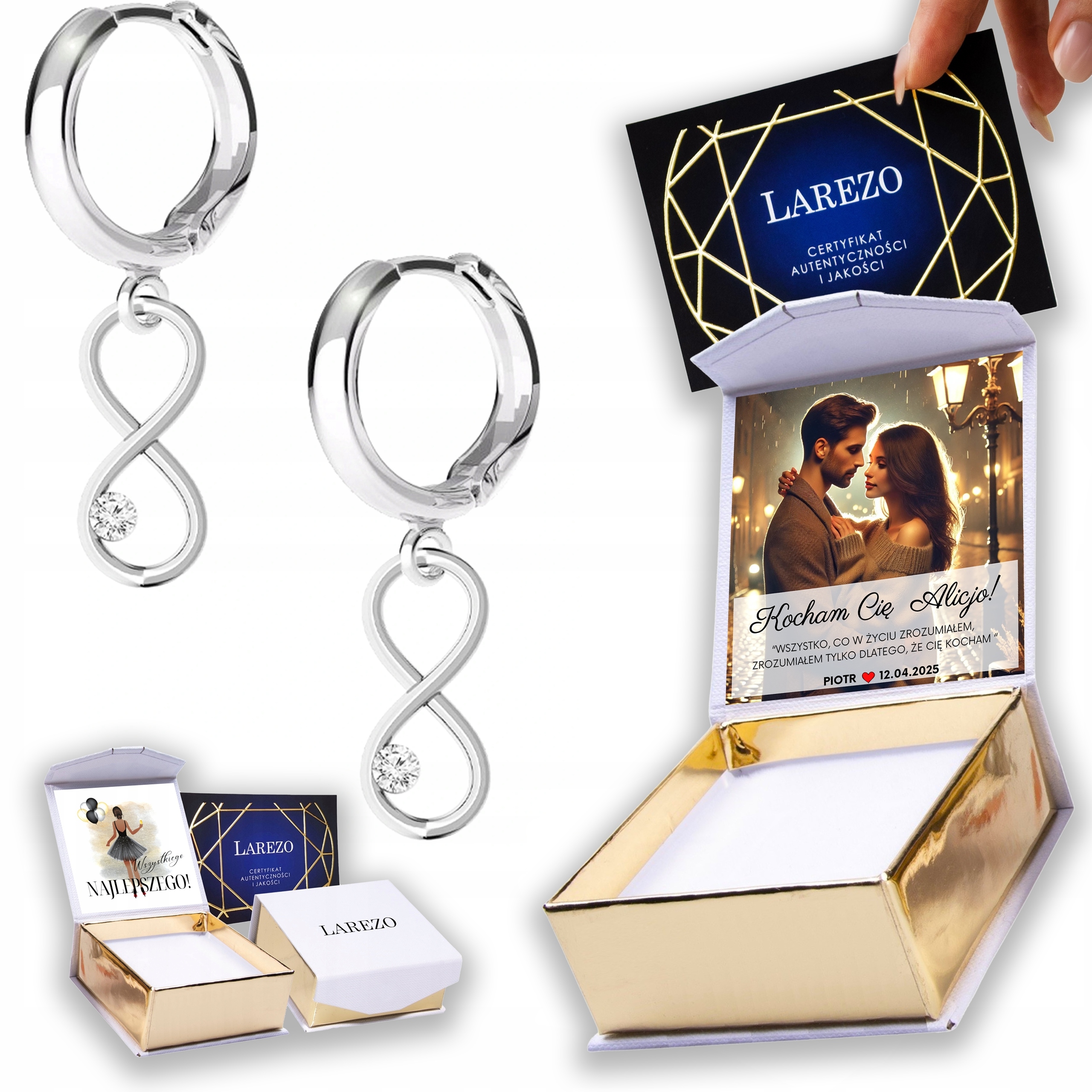 Stříbrné Náušnice 925 Nekonečno se zirkonem Osmičky Zirkony Potisk