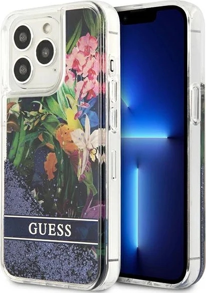 Pouzdro Guess Obal Se Třpytkami Ženské Květiny Pro Iphone 13 Pro, Modré