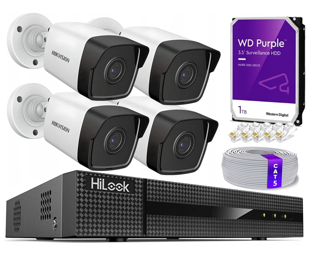 Monitorovací sada 4 kamer Ip 4MPx Hikvision PoE rekordér HiLook 1TB