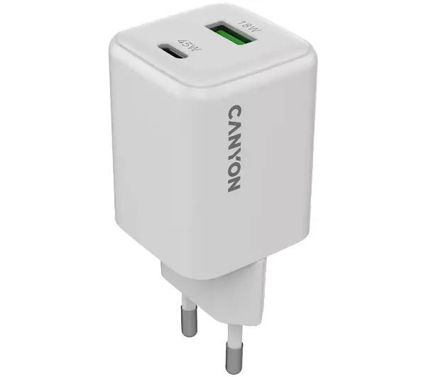 CANYON Ładowarka sieciowa CU45AC GaN 45W 1xPD 1xQC EU Biała — 10