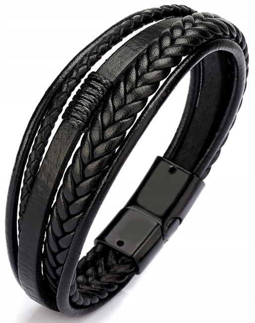 

Bransoletka skórzana czarna męska stal szlachetna