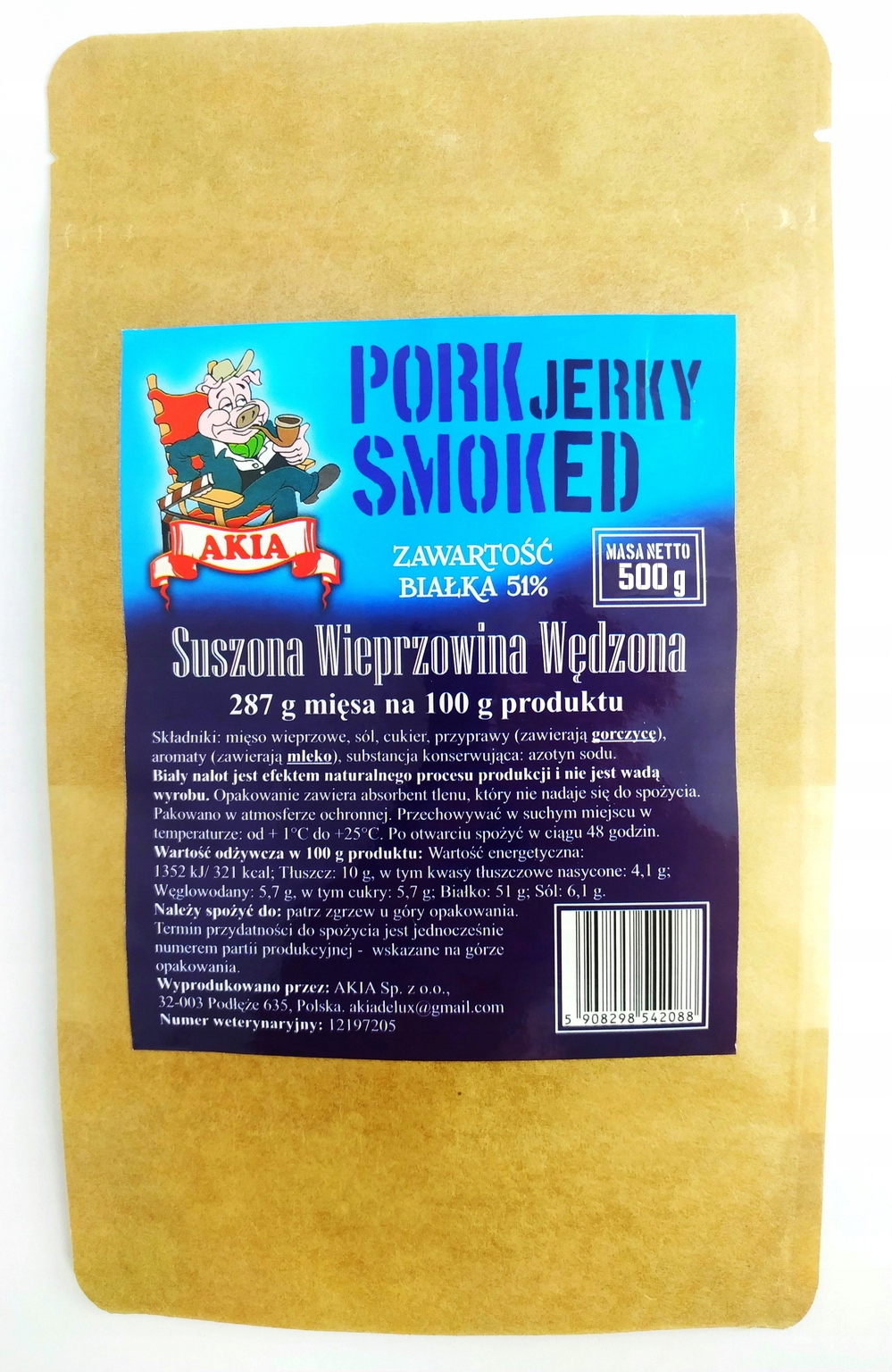 Akia Jerky, Sušené uzené vepřové maso XL 500 g