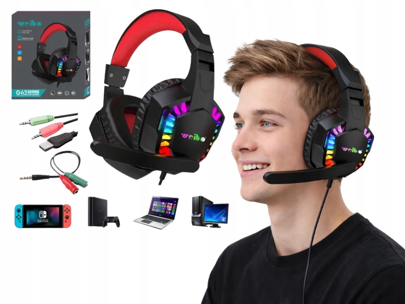 SŁUCHAWKI GAMINGOWE PRZEWODOWE WEIB G62 RGB MIKROFON PC DŹWIĘK 3D LED