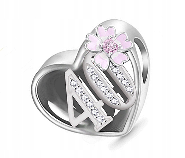 Charms 40 Urodziny Zawieszka Różowy Kwiat Rocznica Srebro 925