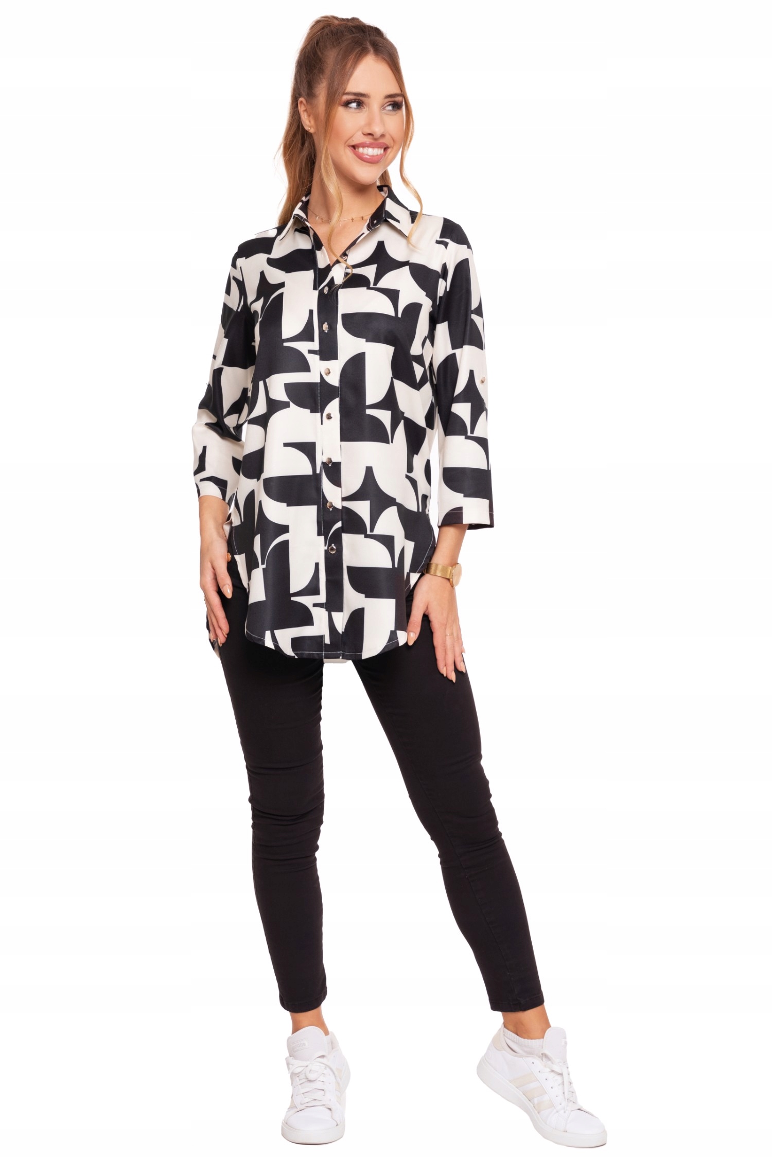 KOSZULA DAMSKA ELEGANCKA STYLOWA WZORY ZŁOTE GUZIKI RĘKAW 3/4 MORAJ L Wzór dominujący geometryczny