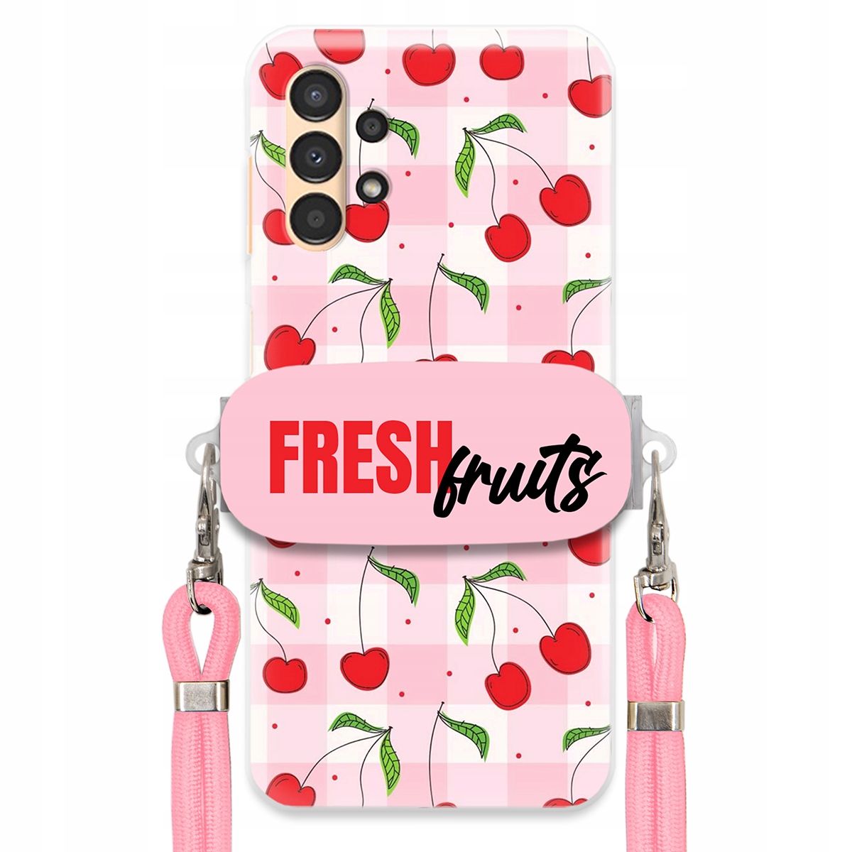 Puzdro pre Samsung A13 5G Case držiak na šnúrku Ružový Fresh Fruits Mriežka
