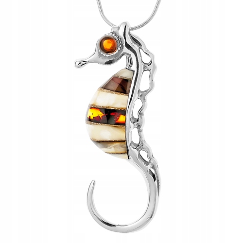 Stříbrný Mořský Koník přívěsek s mléčným koňakovým Jantarem Baltský stříbro 925