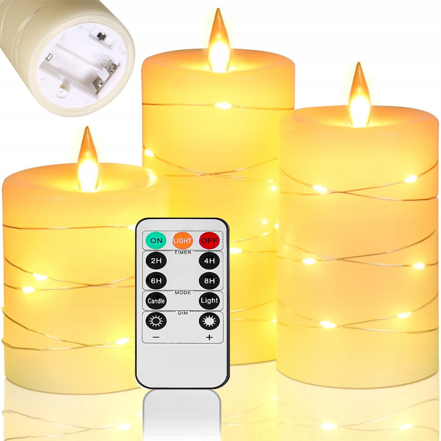 3X Svíčka Elektrická Vložka Do Hřbitovních Svíček Led 8CM Efekt Plamene Bílá