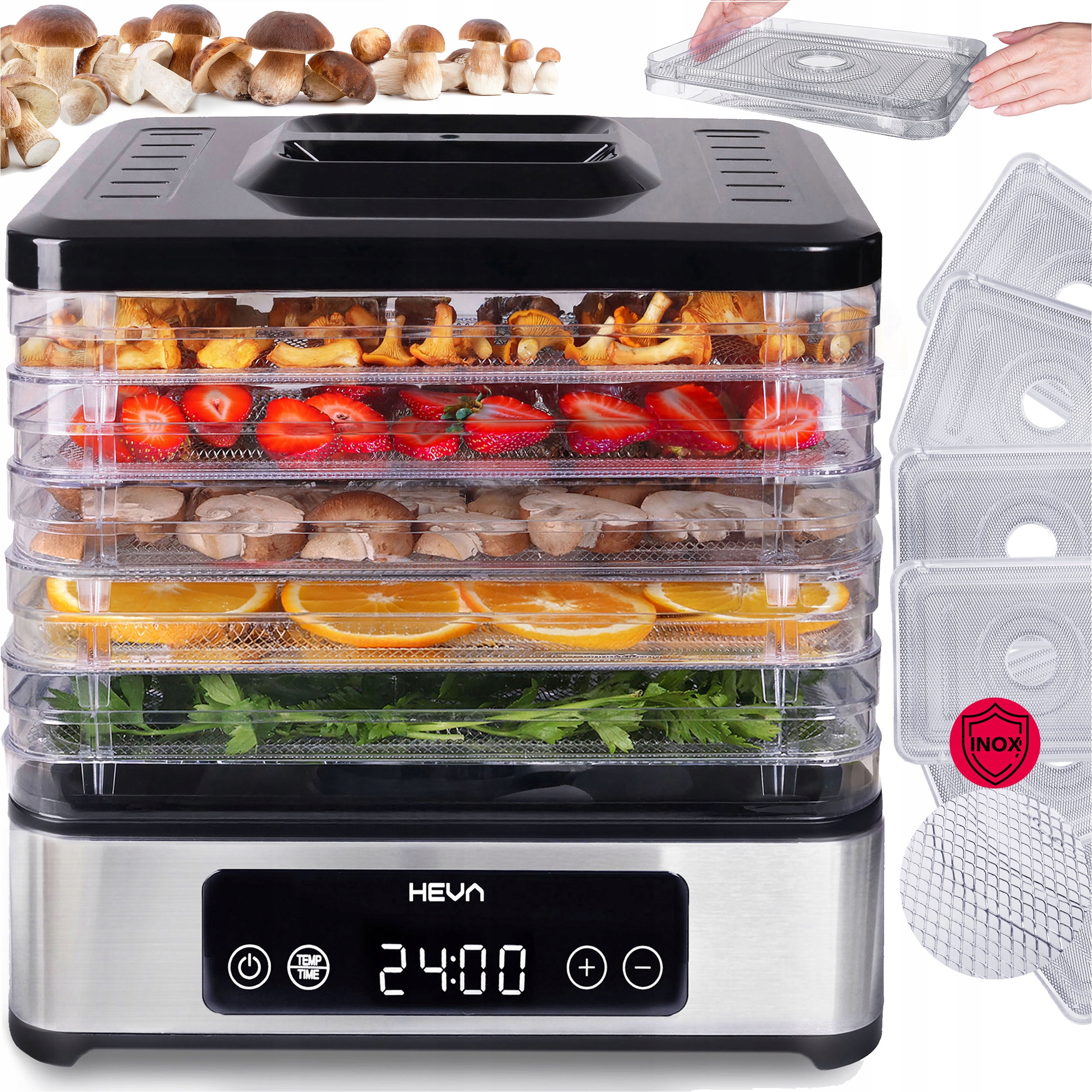 Suszarka do grzybów owoców Atest Pzh stalowe sita Heva duża aż 450W+TIMER