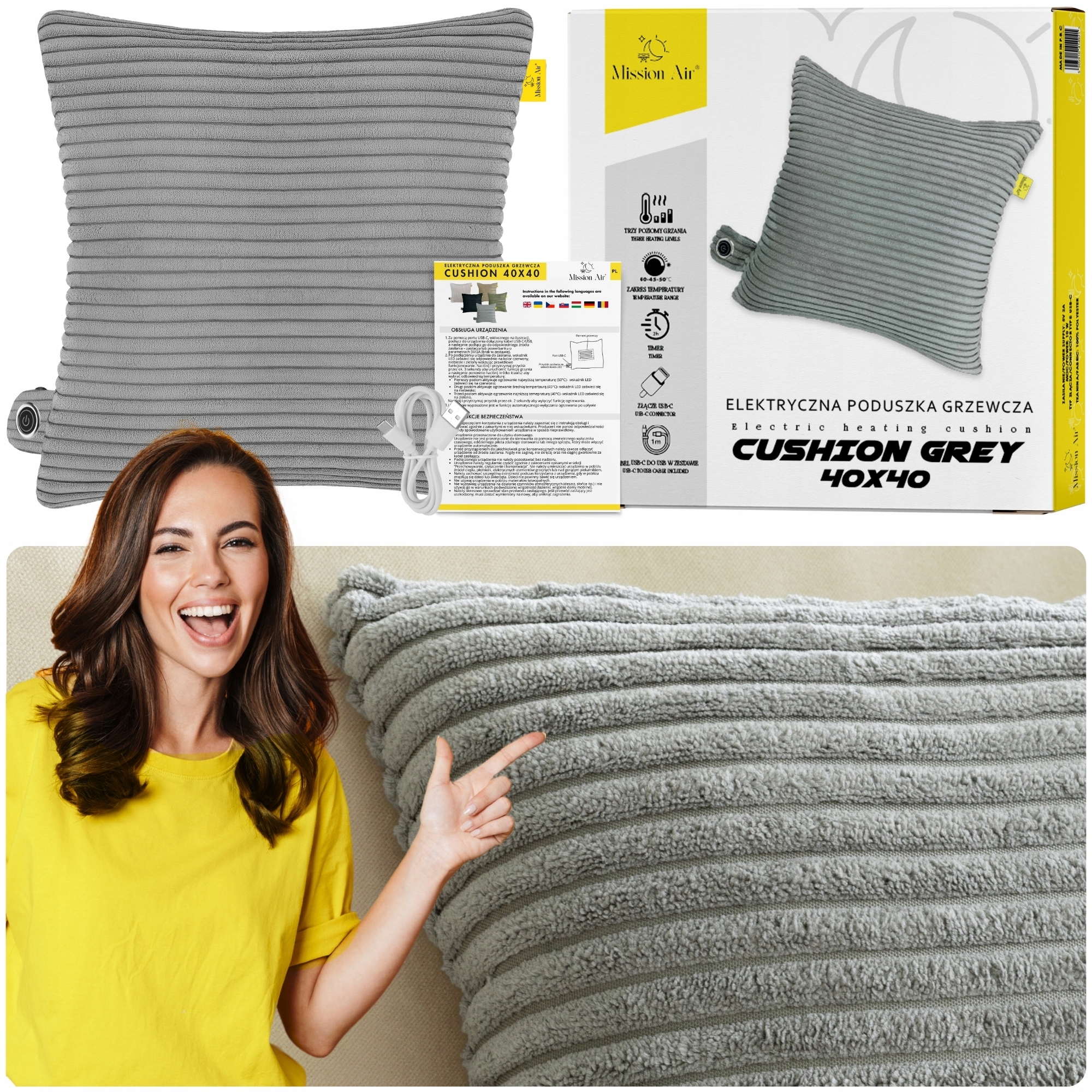 Poduszka Elektryczna rozgrzewająca Grzewcza 40X40 Usb-c 3 poziomy grzania