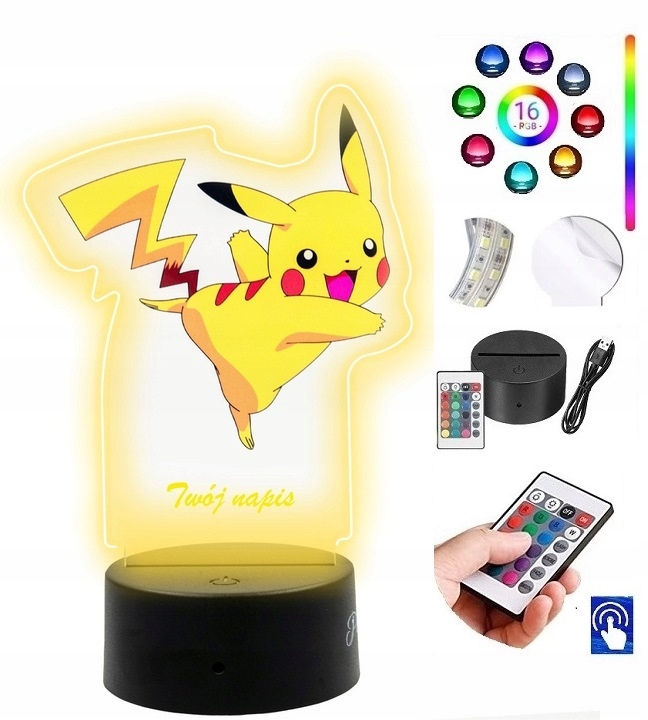 Lampka na biurko UV Statuetka Led Pokemony Pikachu Twój Napis Pilot PLEXIDO