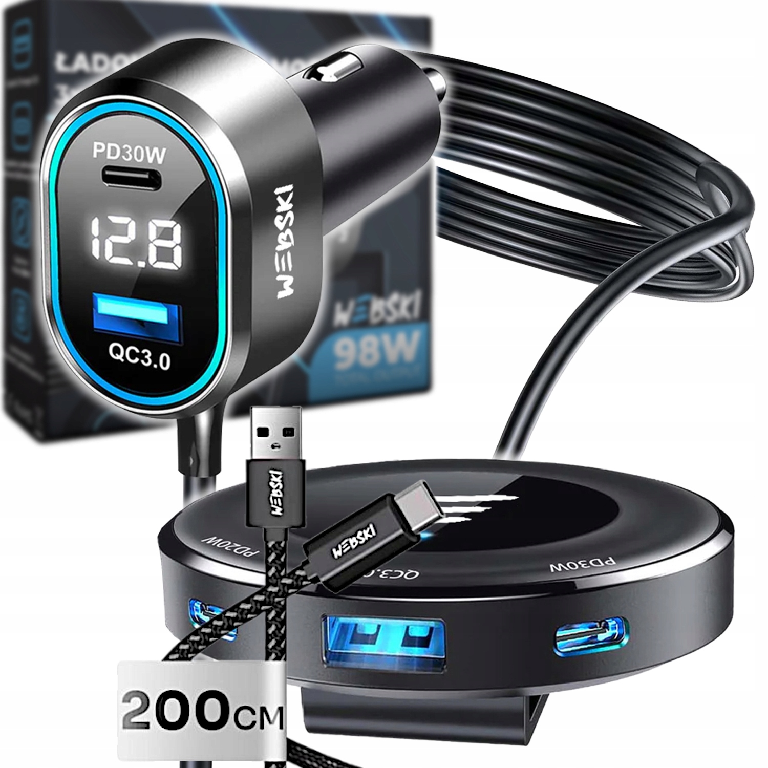 Extra Silná Automobilová Autonabíječka S Klipem 98W 2xUSB 3xUSB-C 200CM Kabel