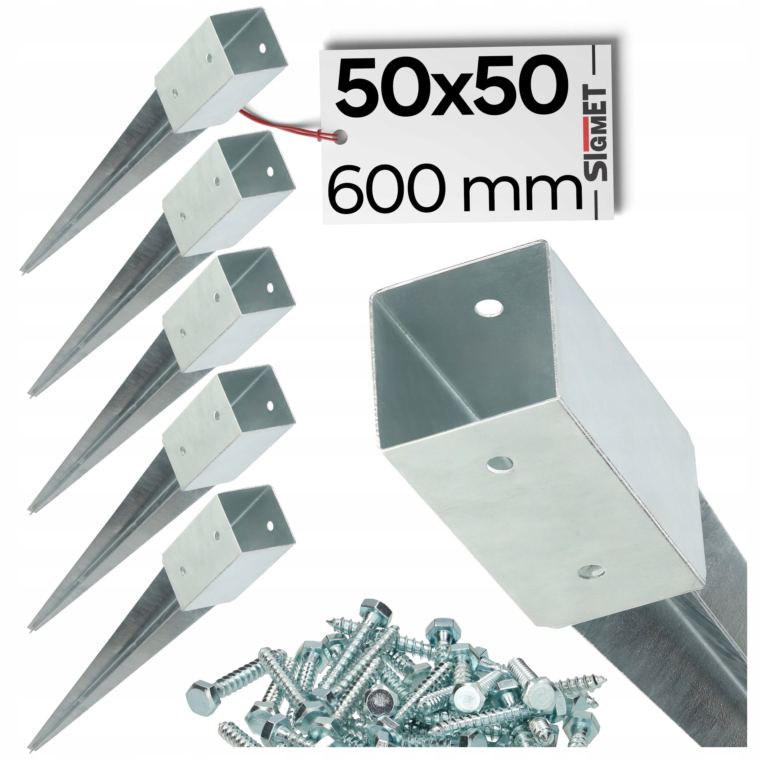 6 x Podstavec sloupku zapichovací kotvící kolík 50x50 600 mm pozink vruty pro montáž