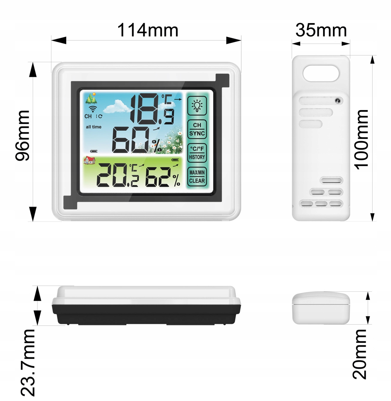 BEZPRZEWODOWA STACJA POGODY METEOROLOGICZNA HIGROMETR + 3 CZUJNIKI Zasilanie bateryjne