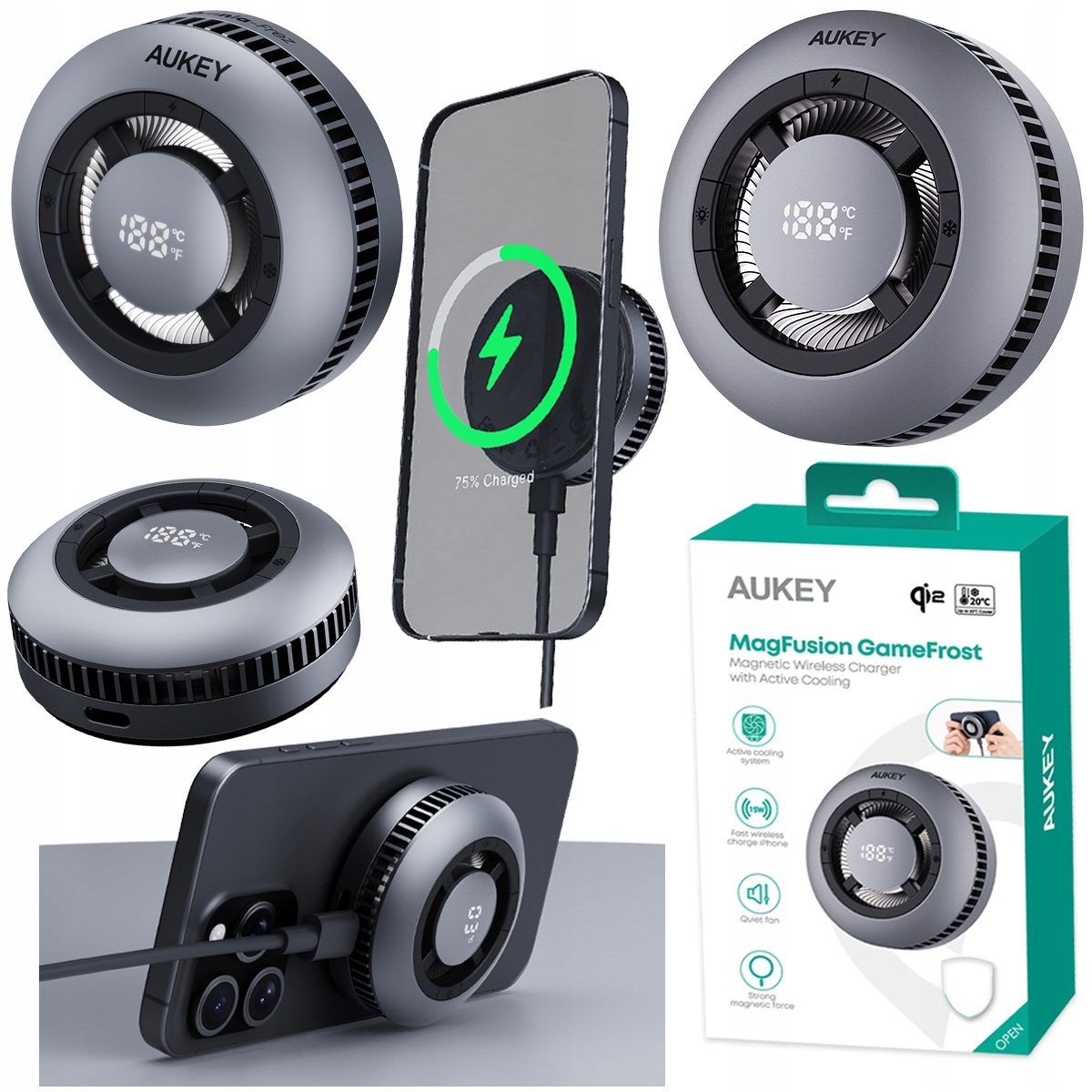 Bezdrátová nabíječka Aukey LC-G10 MagFusion Qi2 s chlazením, Ventilátor