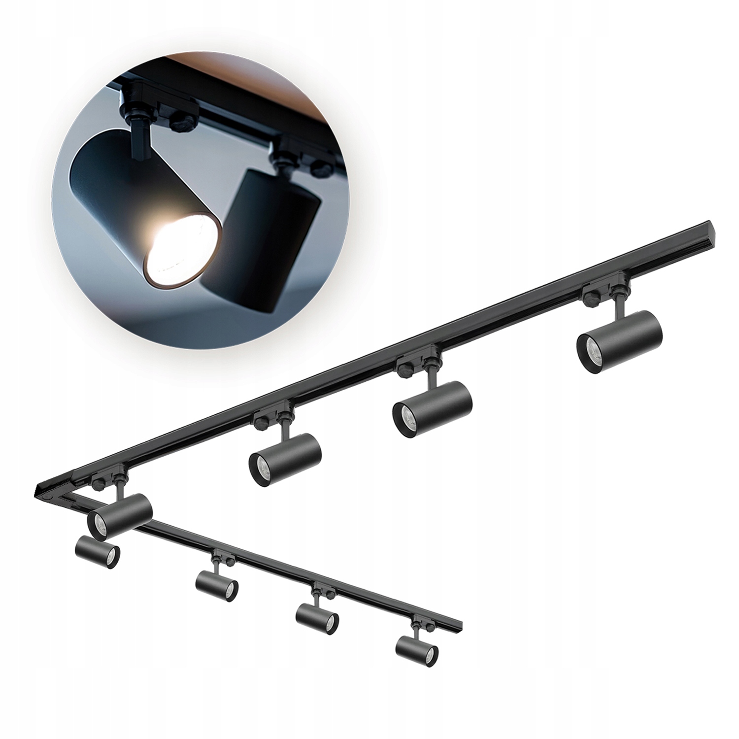 Sada kolejnicová 3-fázová kolejnice 2m+2m, L pravá, 8x lampa, 2x krytka Černá