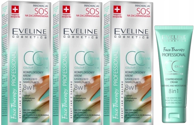 3 ks Face Therapy CC krém 8v1 30 ml Eveline Snižuje zarudnutí