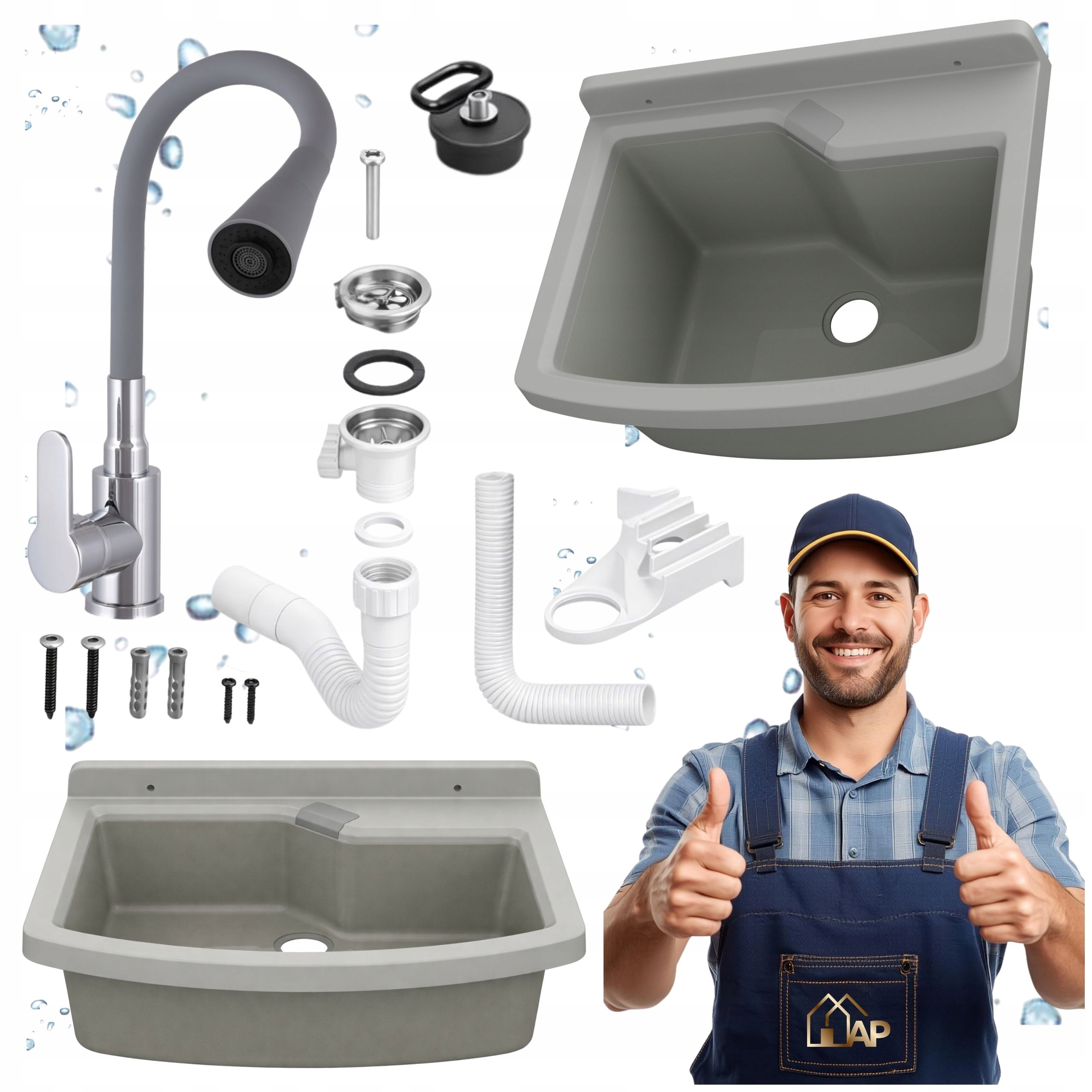 Technický Dřez Do Garáže Kotelny, Baterie Ohebná, Šedá Sada