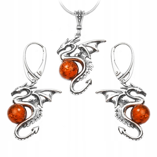 Stříbrný Komplet šperků drak s přírodním originálním Jantarem stříbro AG925