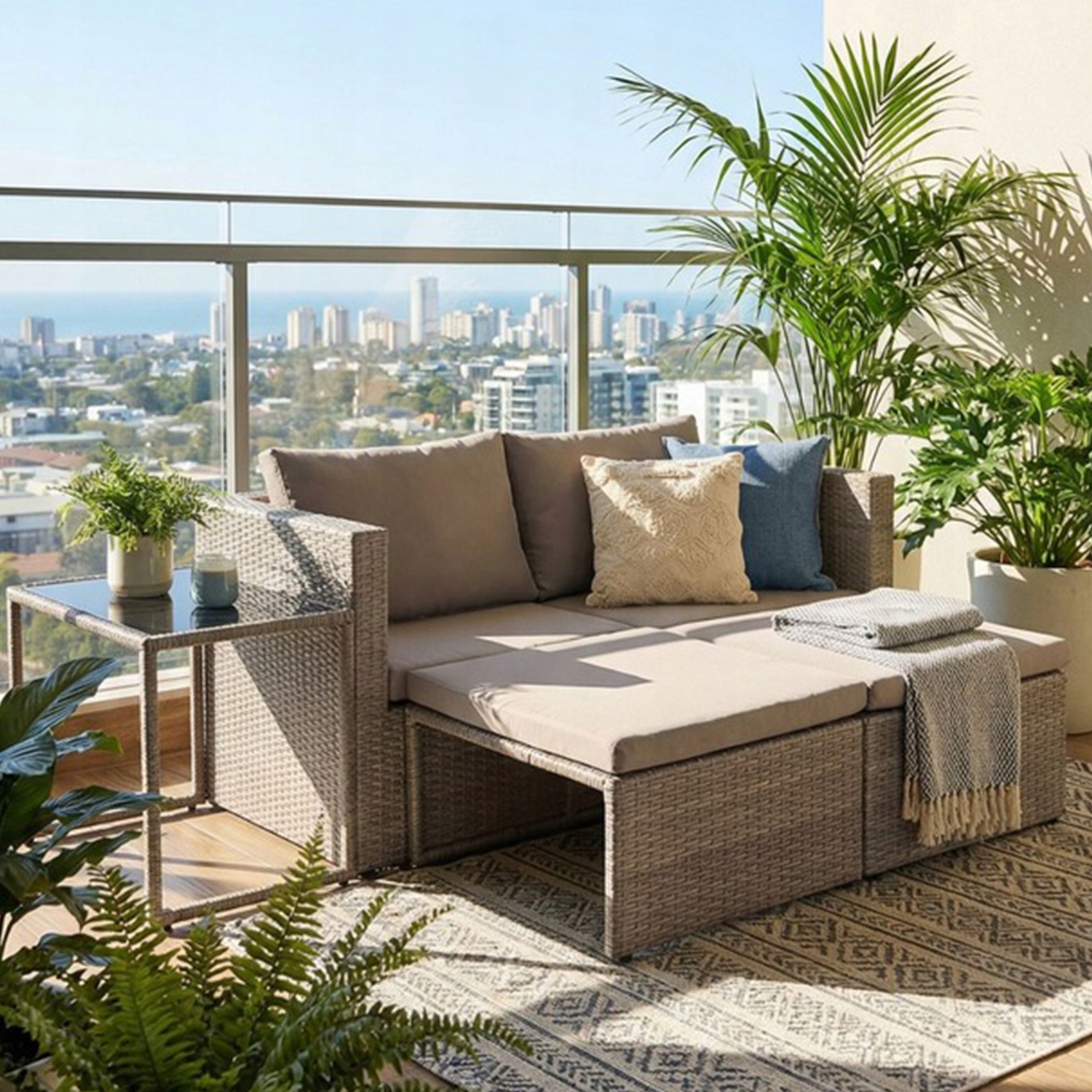 Zestaw ogrodowy Wypoczynkowy 6w1 Leżak Stolik Technorattan Sofa Szary Beż