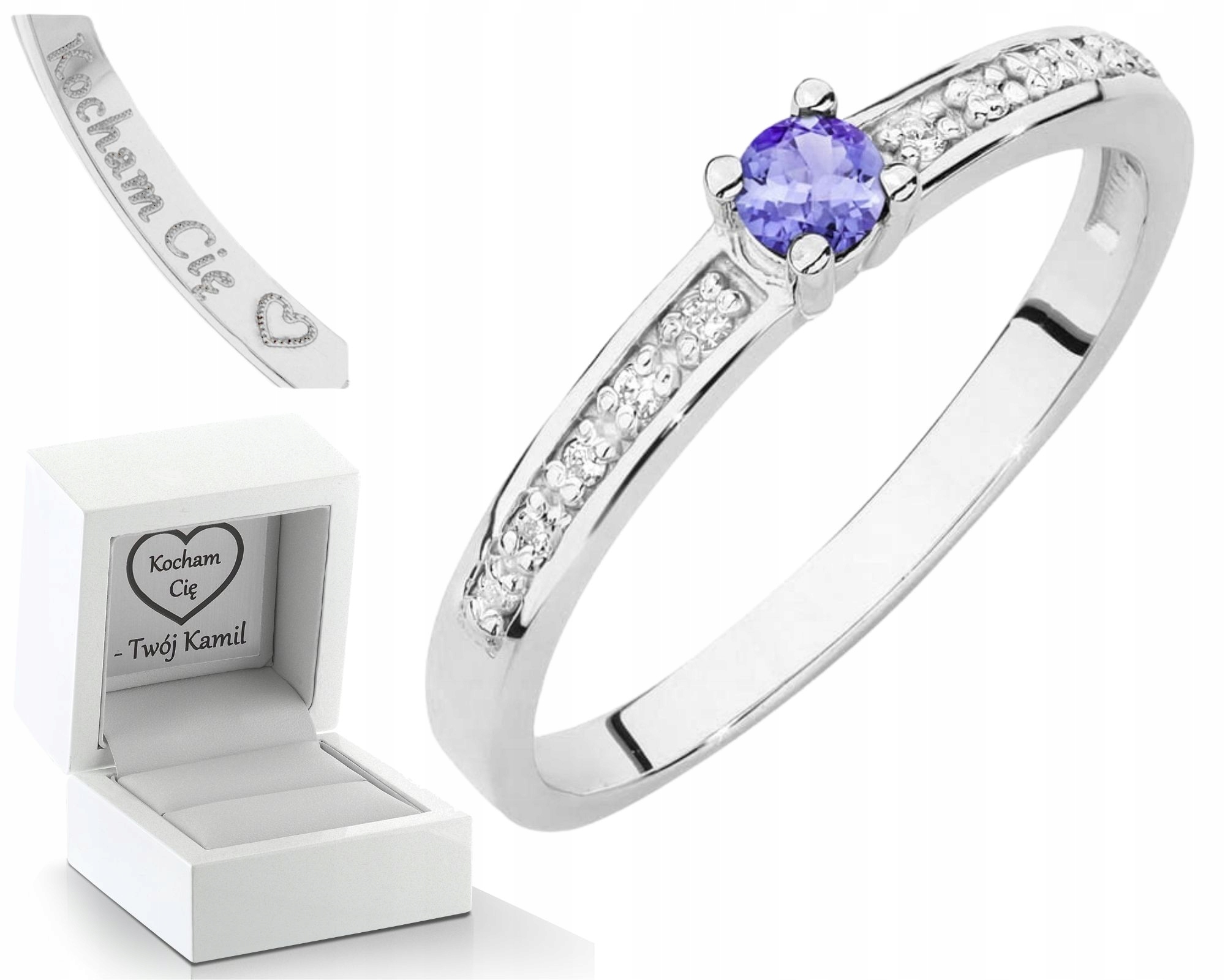 Prstýnek Z Bílého Zlata S Tanzanitem A Diamanty, Dárek 585, Dárkové Gravírování