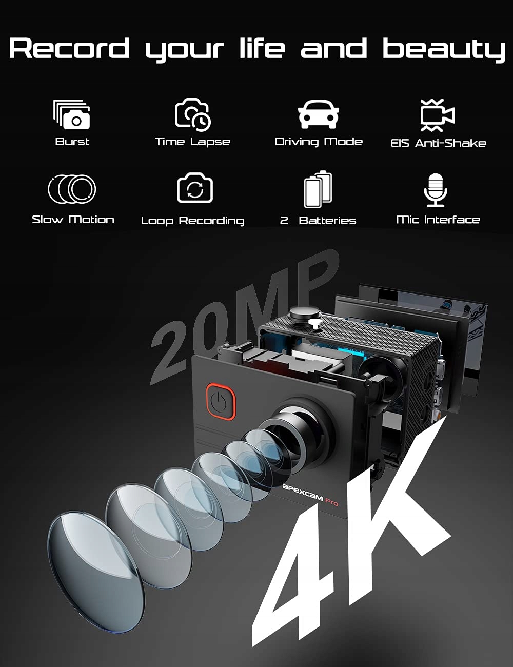 APEXCAM M90Pro Kamera 4K 20MP Sportowa WiFi Wodoodporna 40m 170° Kąt — miniatura 3